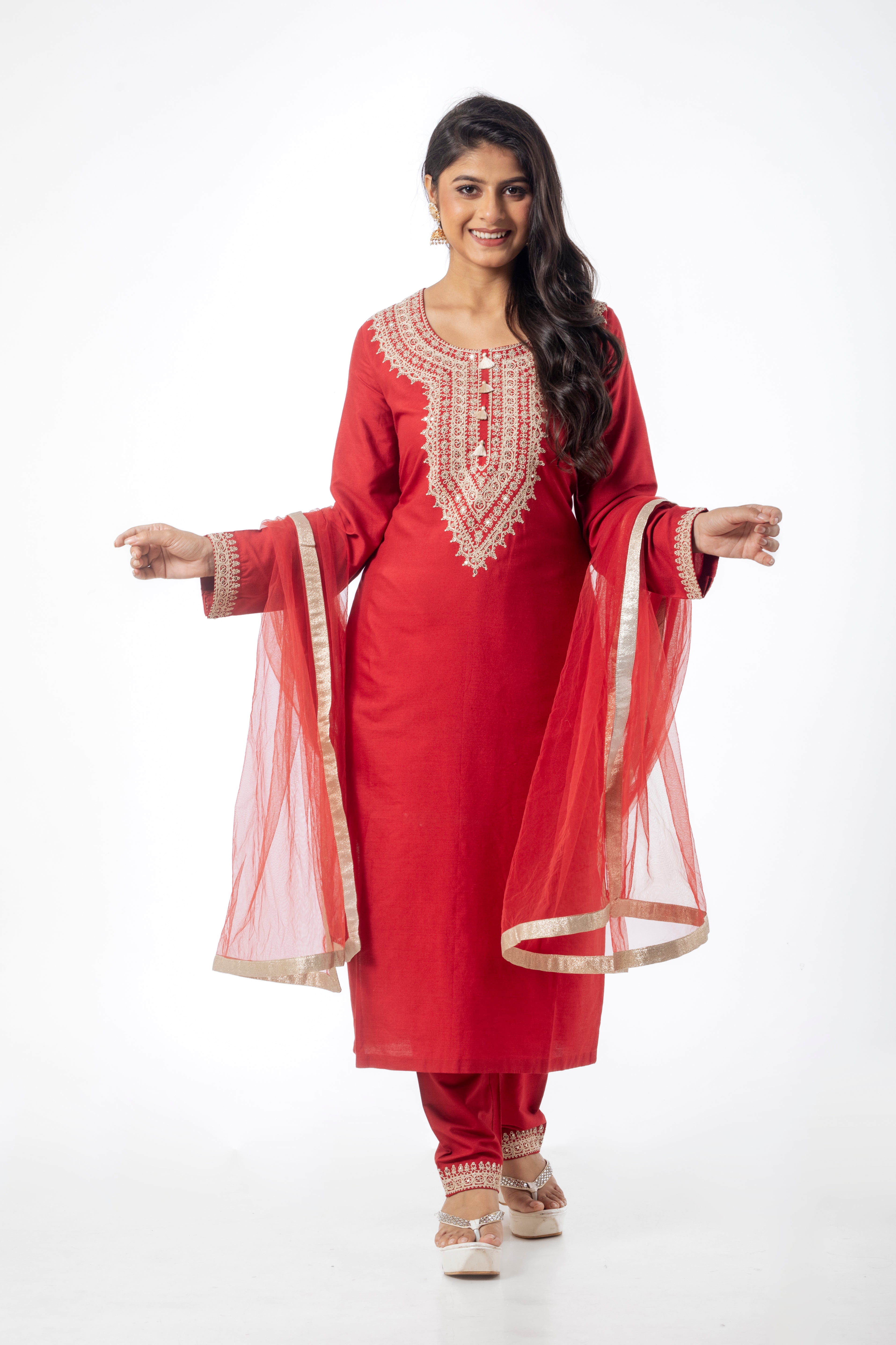 Orange Katan Silk Kurta Set with Net Dupatta & Dori Work
