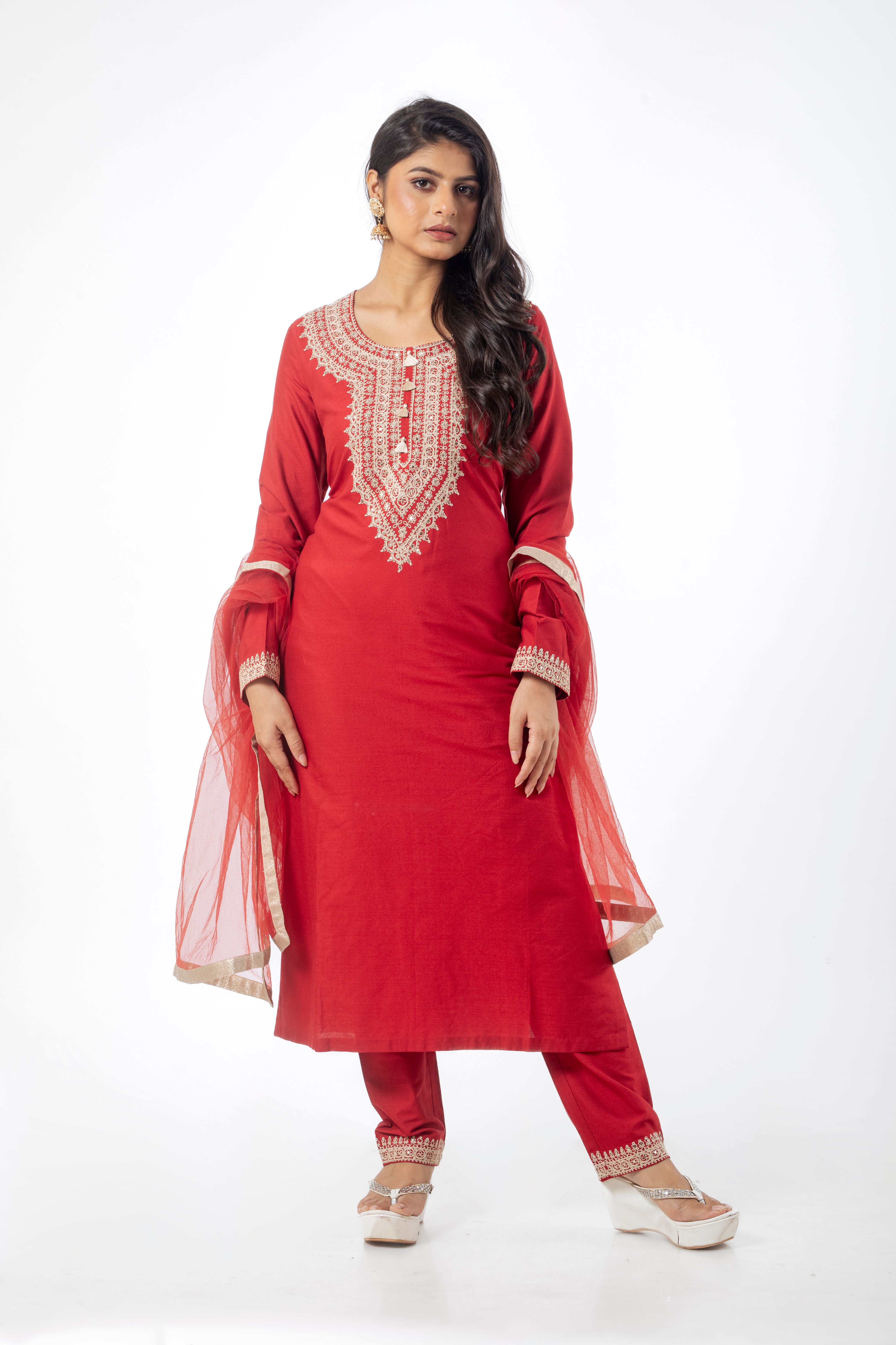 Orange Katan Silk Kurta Set with Net Dupatta & Dori Work
