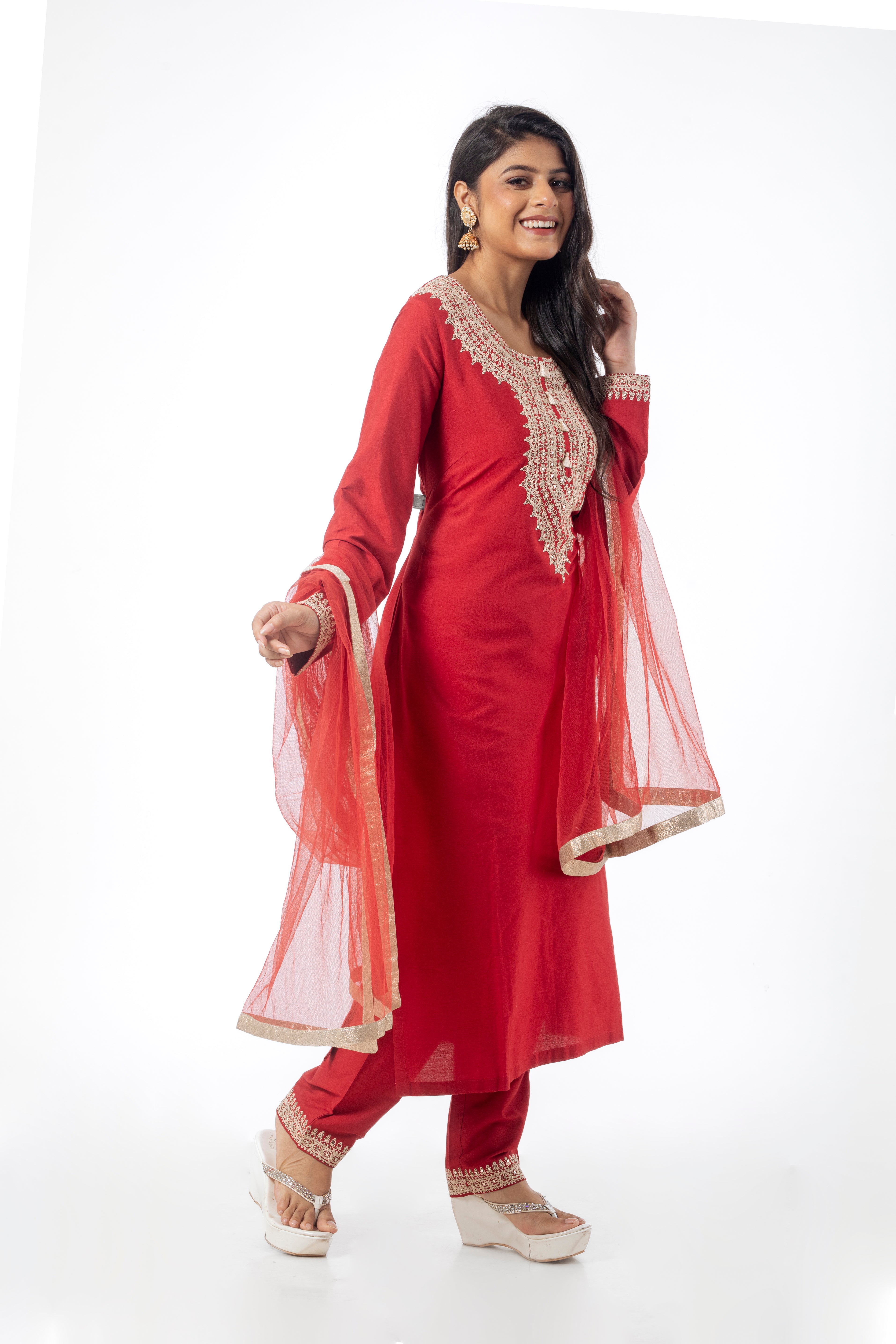 Orange Katan Silk Kurta Set with Net Dupatta & Dori Work