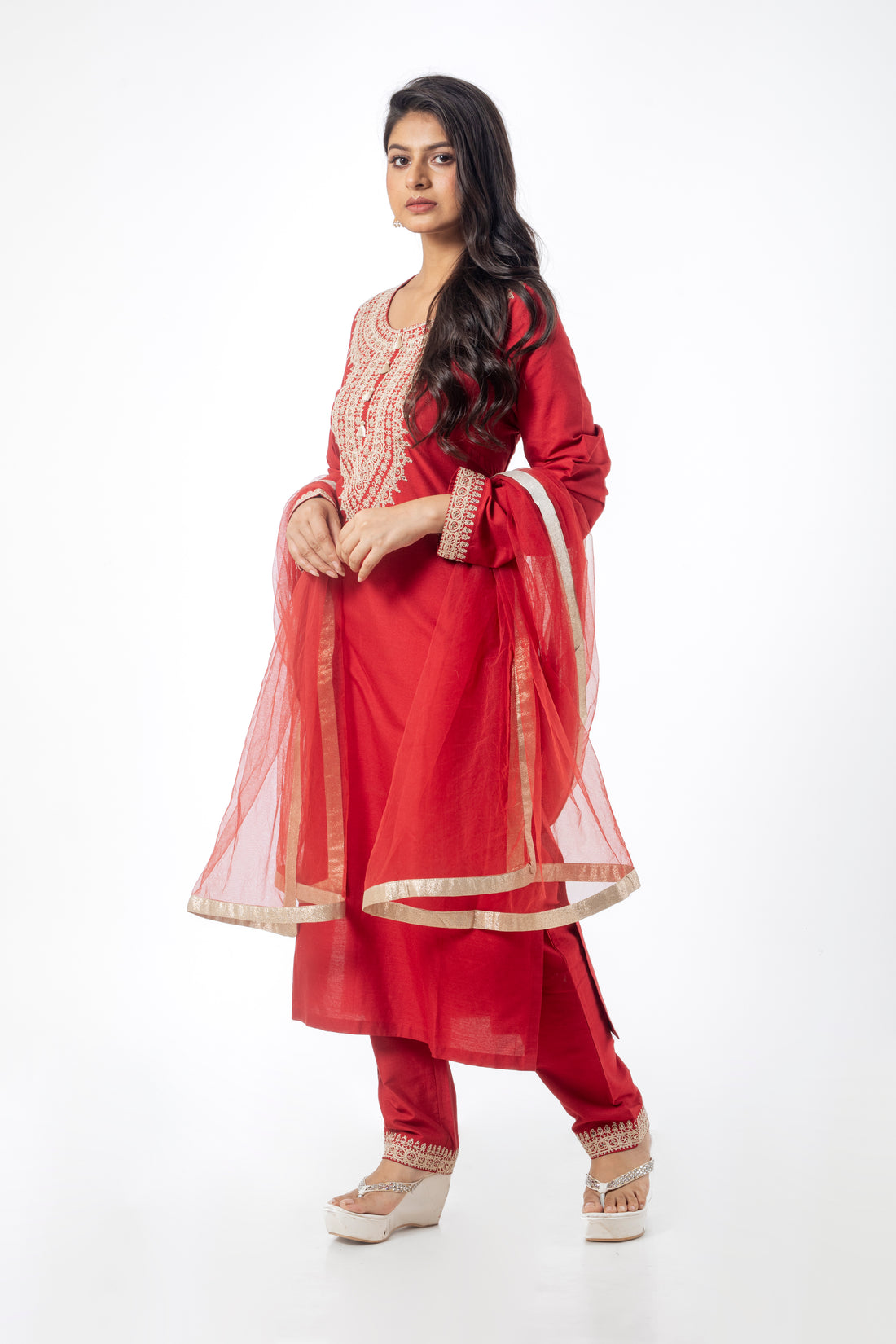 Dark Red Katan Silk Kurta Suit Set with Dori Work and Net Dupatta