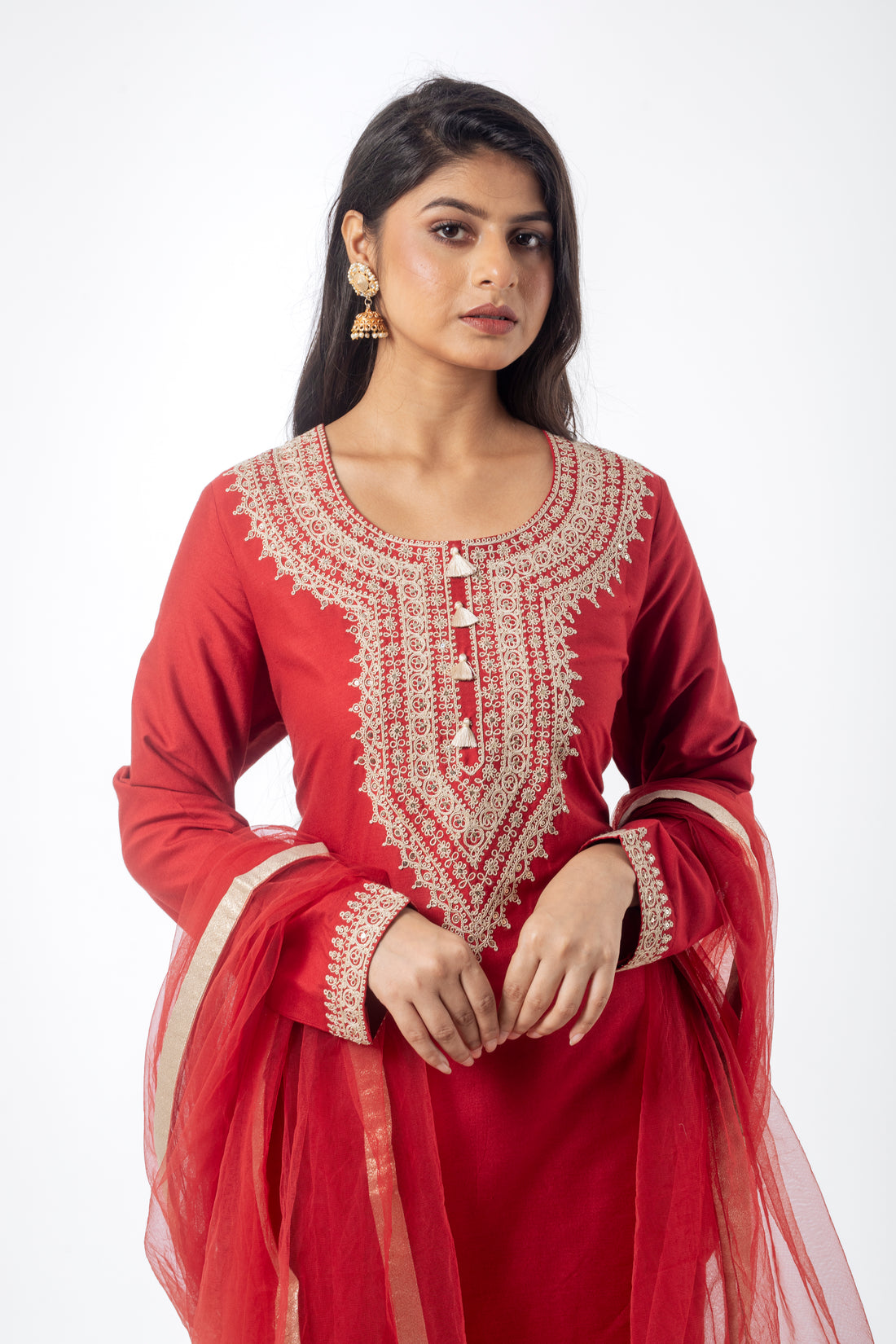 Dark Red Katan Silk Kurta Suit Set with Dori Work and Net Dupatta