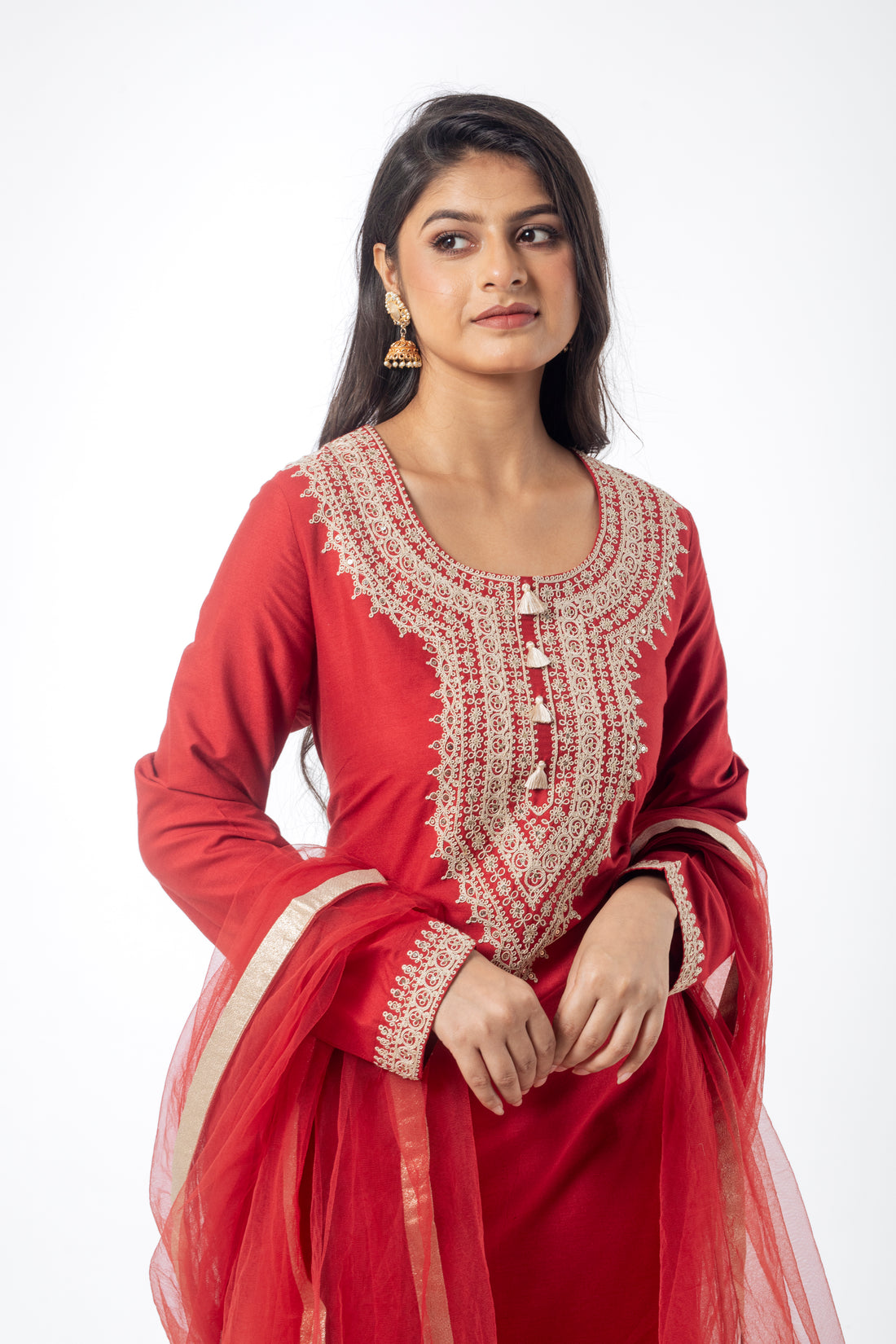 Dark Red Katan Silk Kurta Suit Set with Dori Work and Net Dupatta