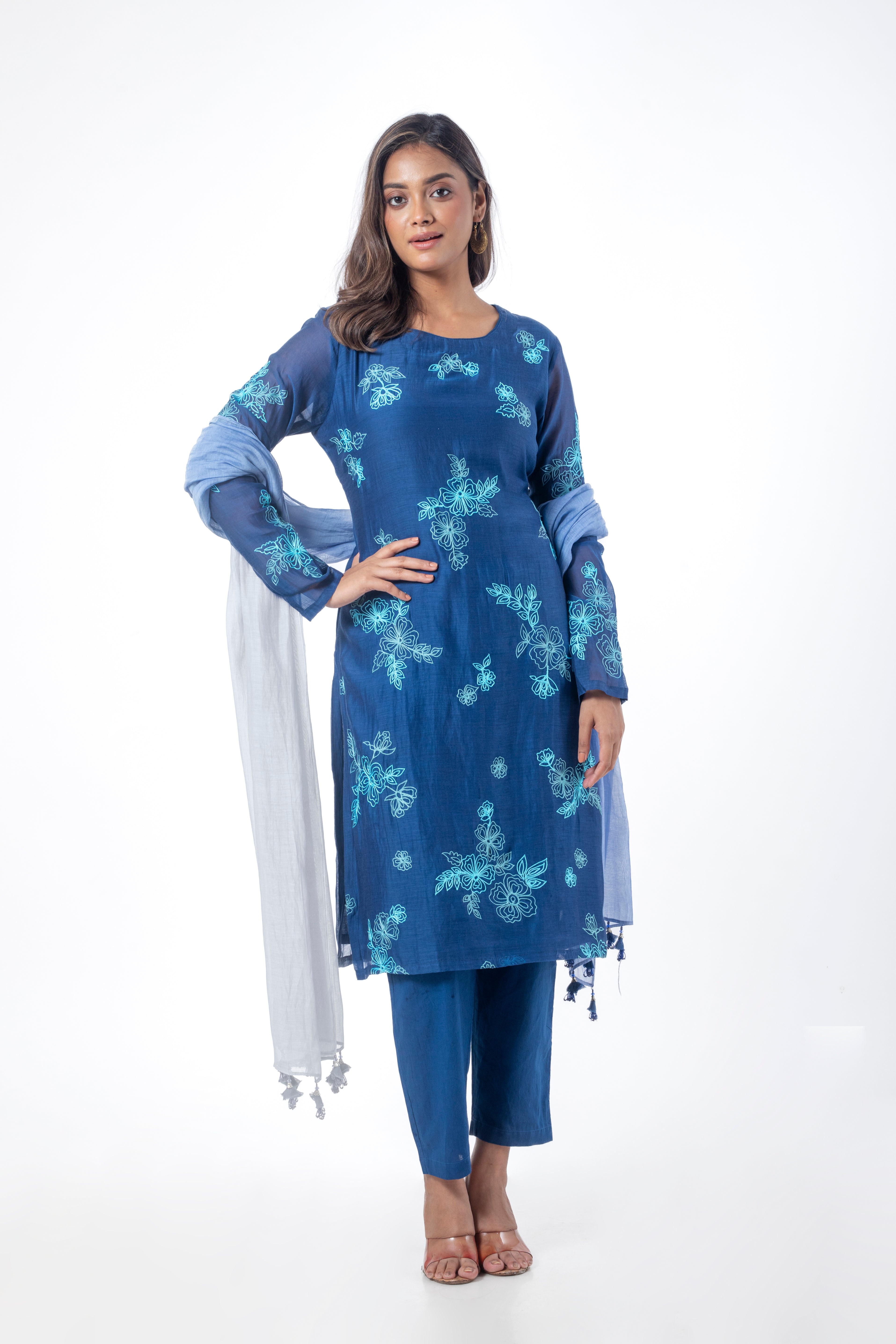 Blue Chanderi Suit Set with Ari Work