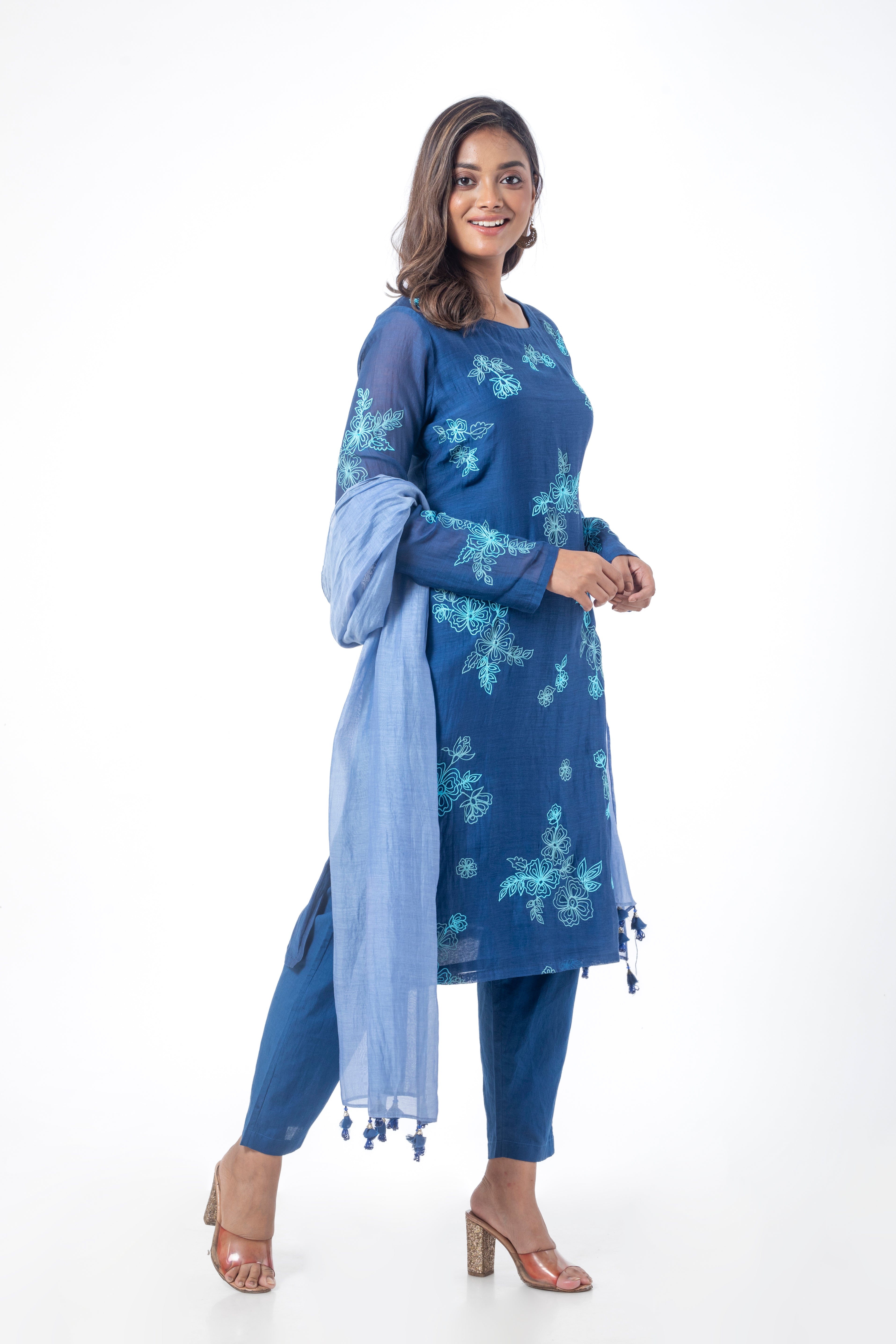 Blue Chanderi Suit Set with Ari Work