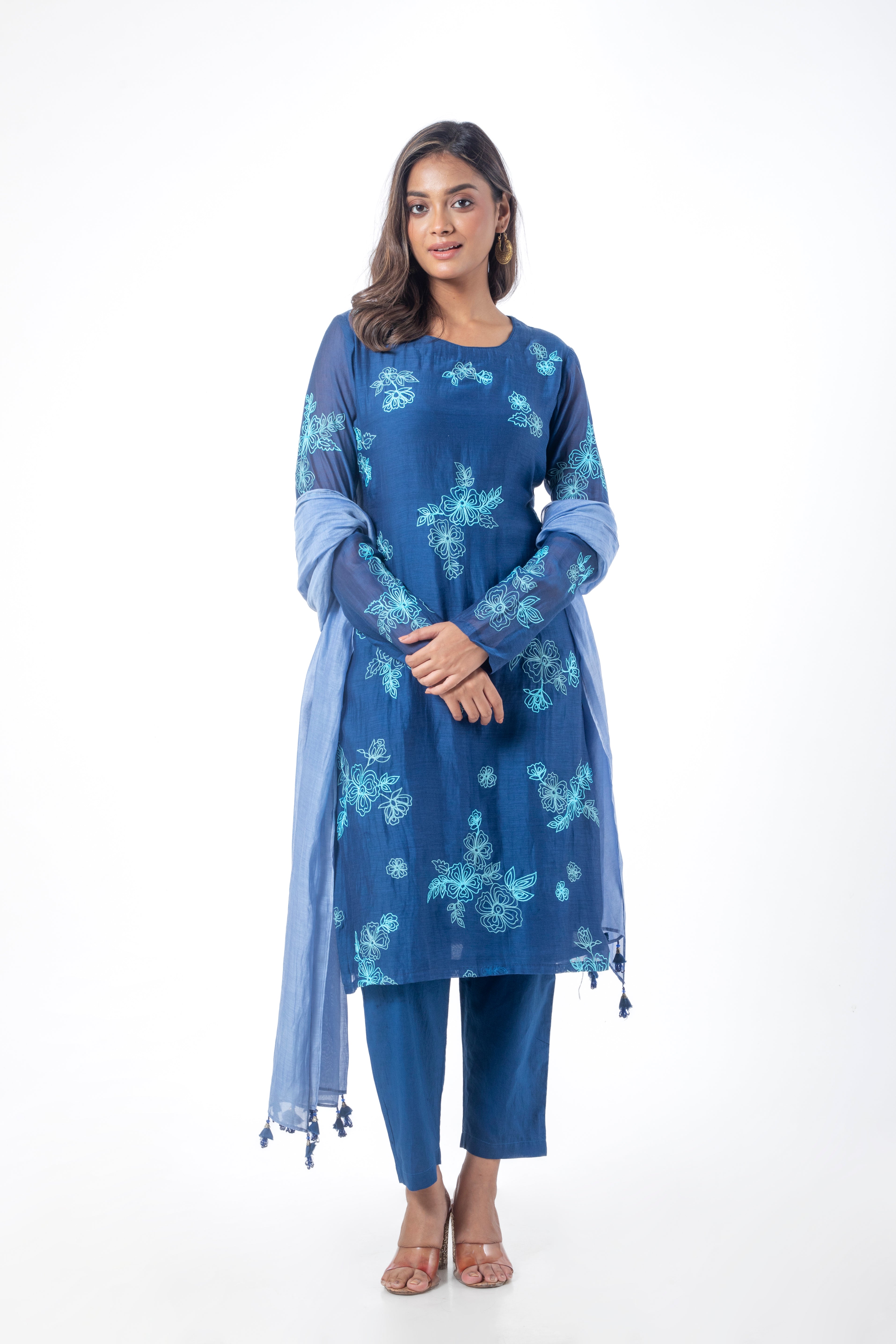 Blue Chanderi Suit Set with Ari Work