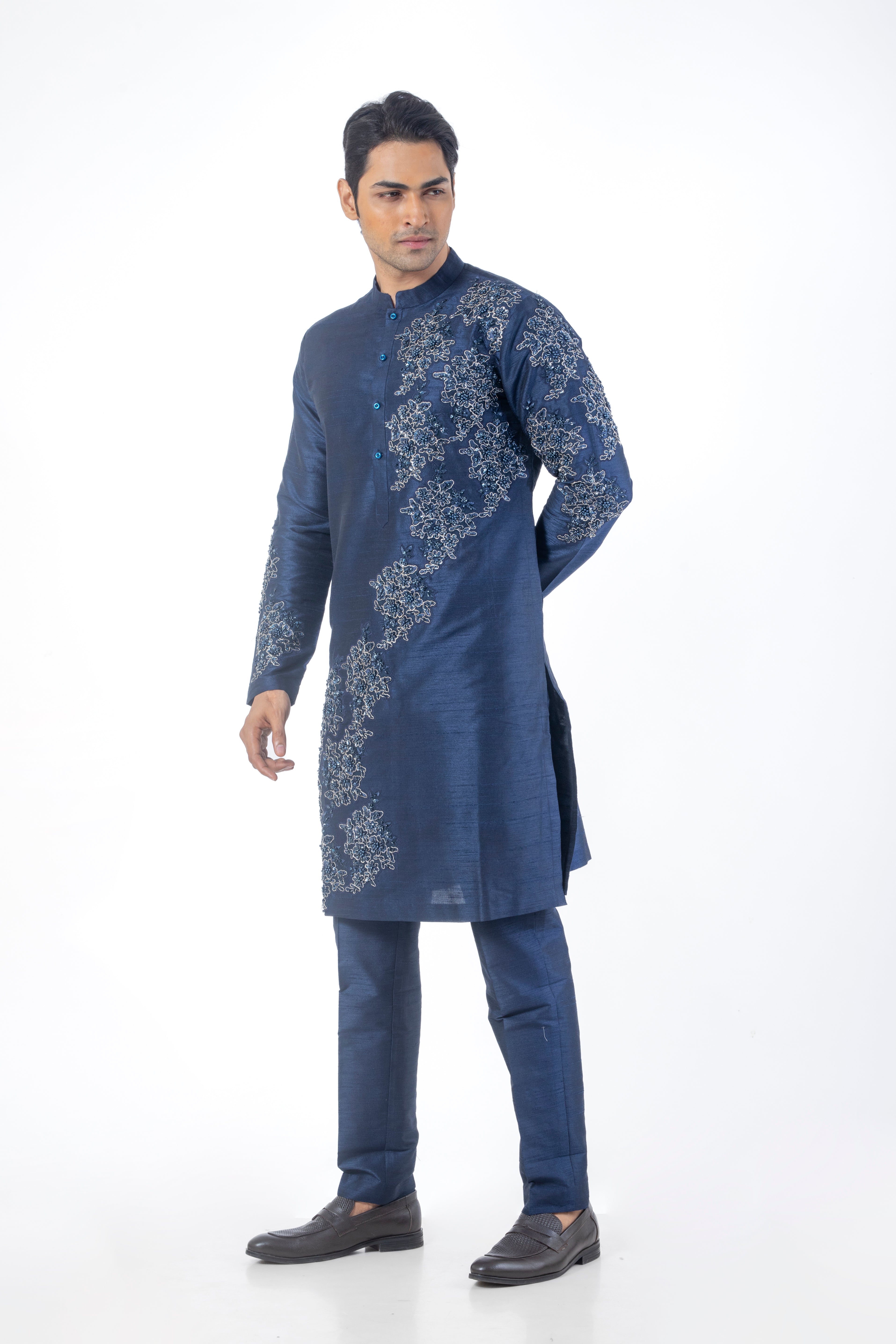 Navy Blue Patchwork Kurta Set for Men in Seltos Fabric