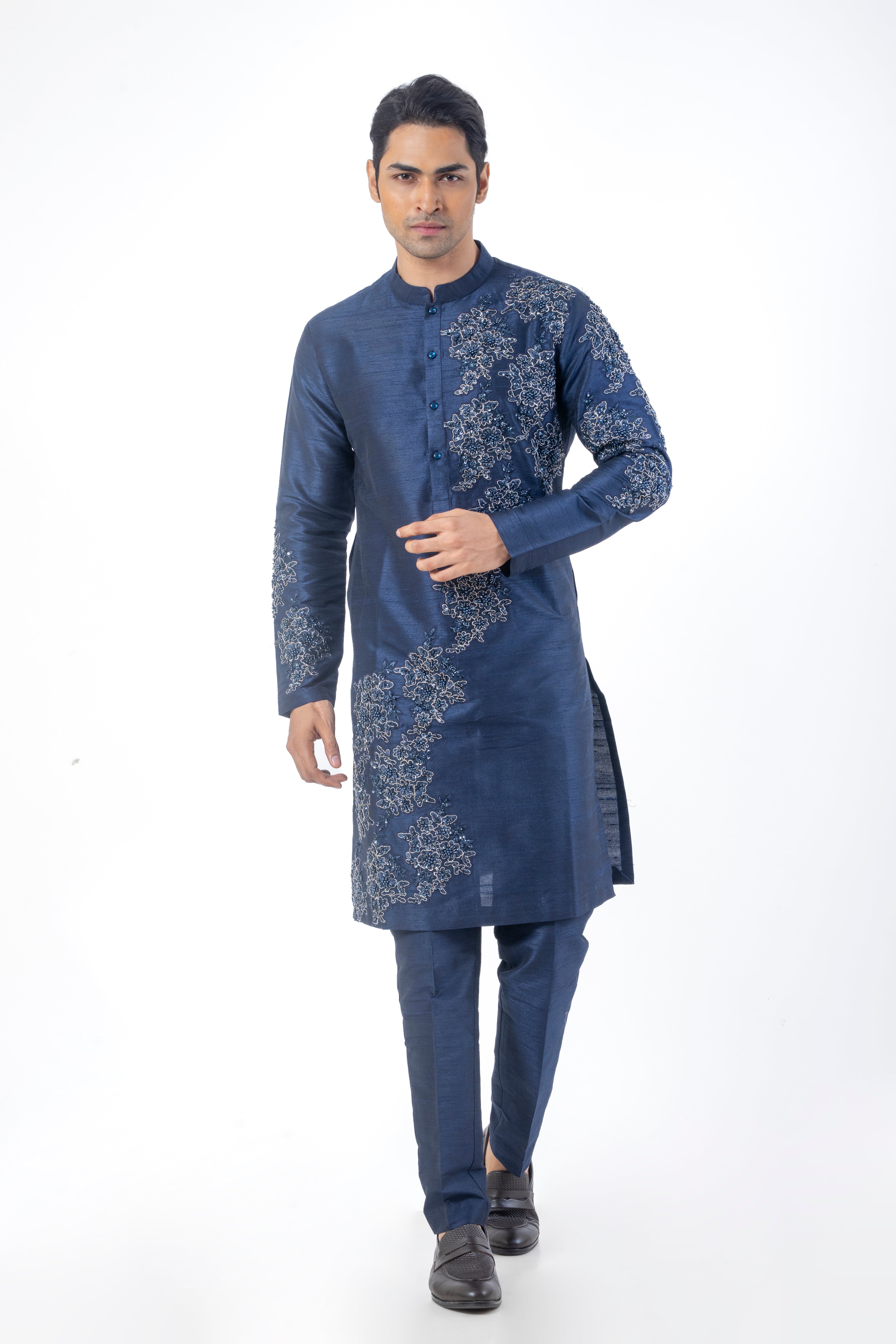 Navy Blue Patchwork Kurta Set for Men in Seltos Fabric