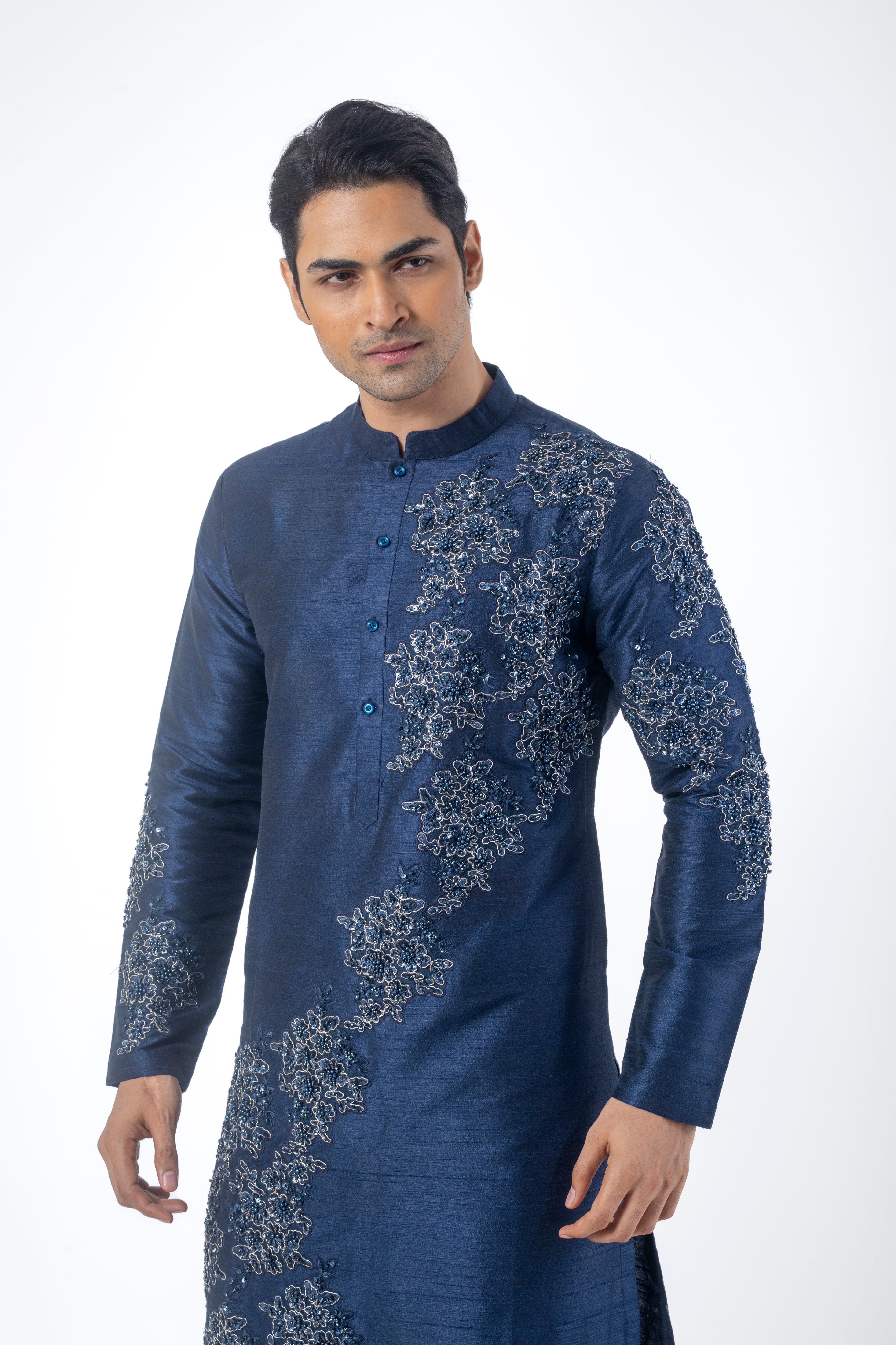 Navy Blue Patchwork Kurta Set for Men in Seltos Fabric