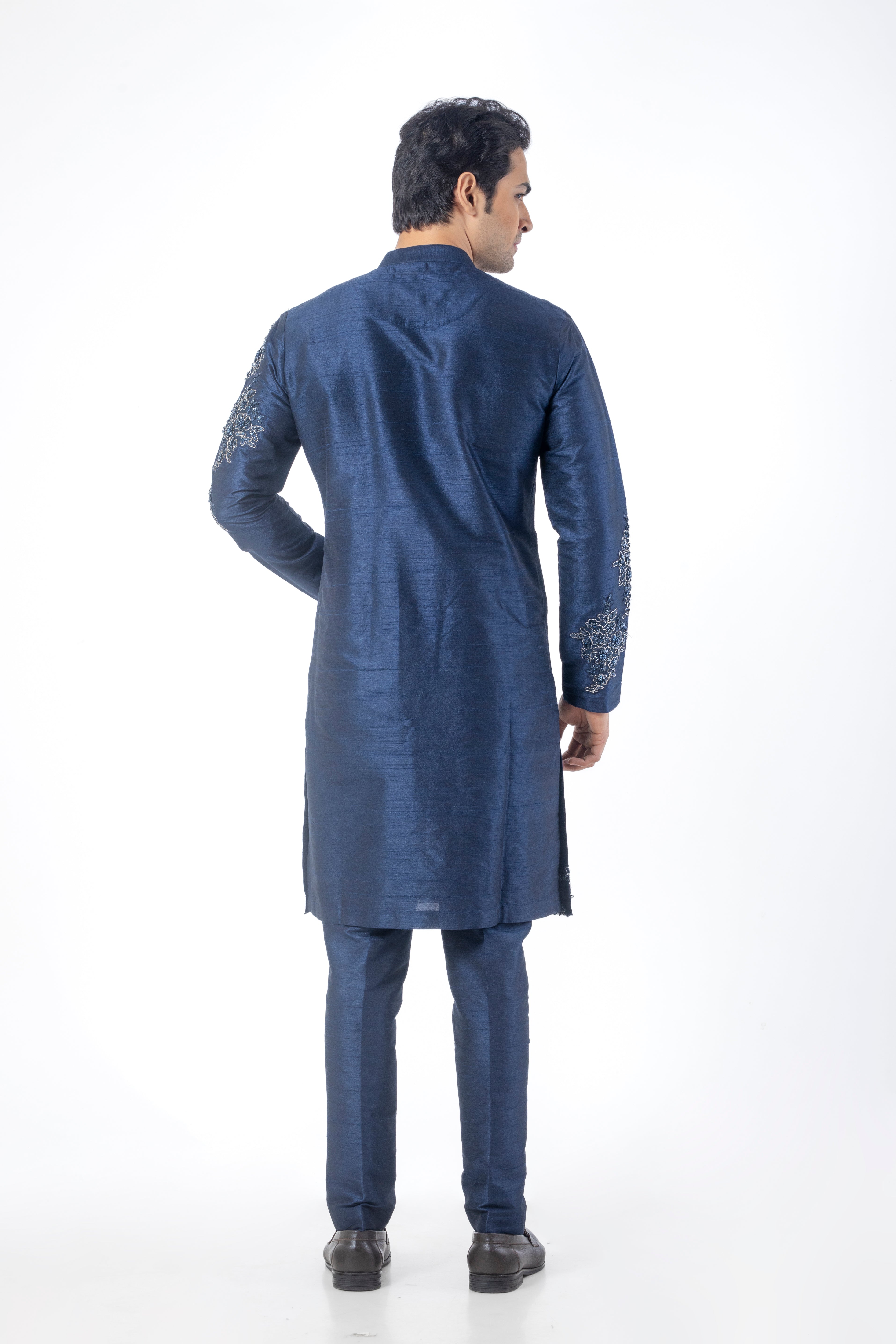 Navy Blue Patchwork Kurta Set for Men in Seltos Fabric