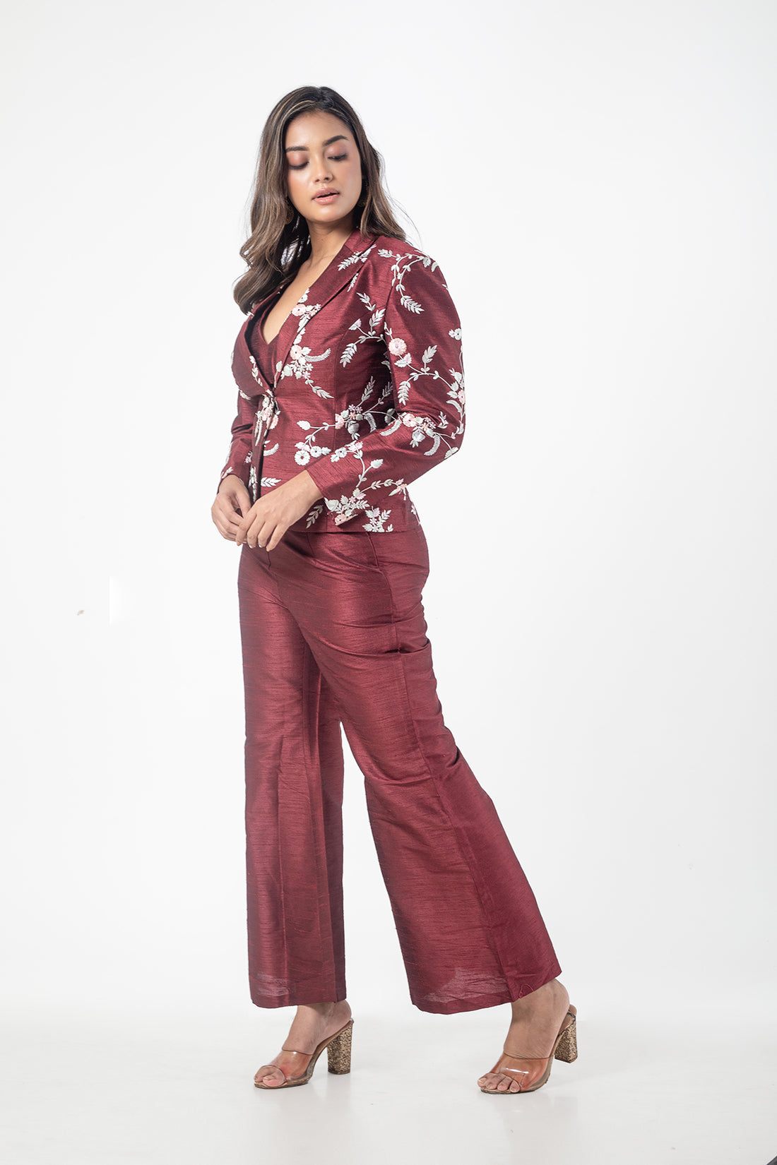 Maroon Pure Katan Silk Designer Co-ord Set with Resham Embroidered Blazer