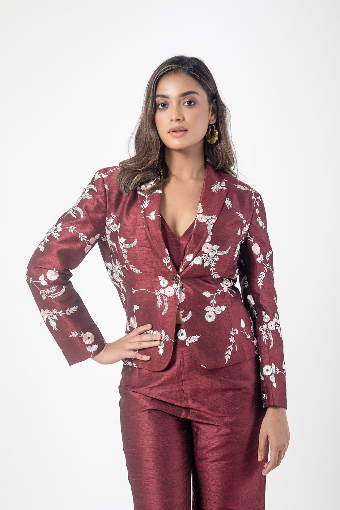 Maroon Pure Katan Silk Designer Co-ord Set with Resham Embroidered Blazer