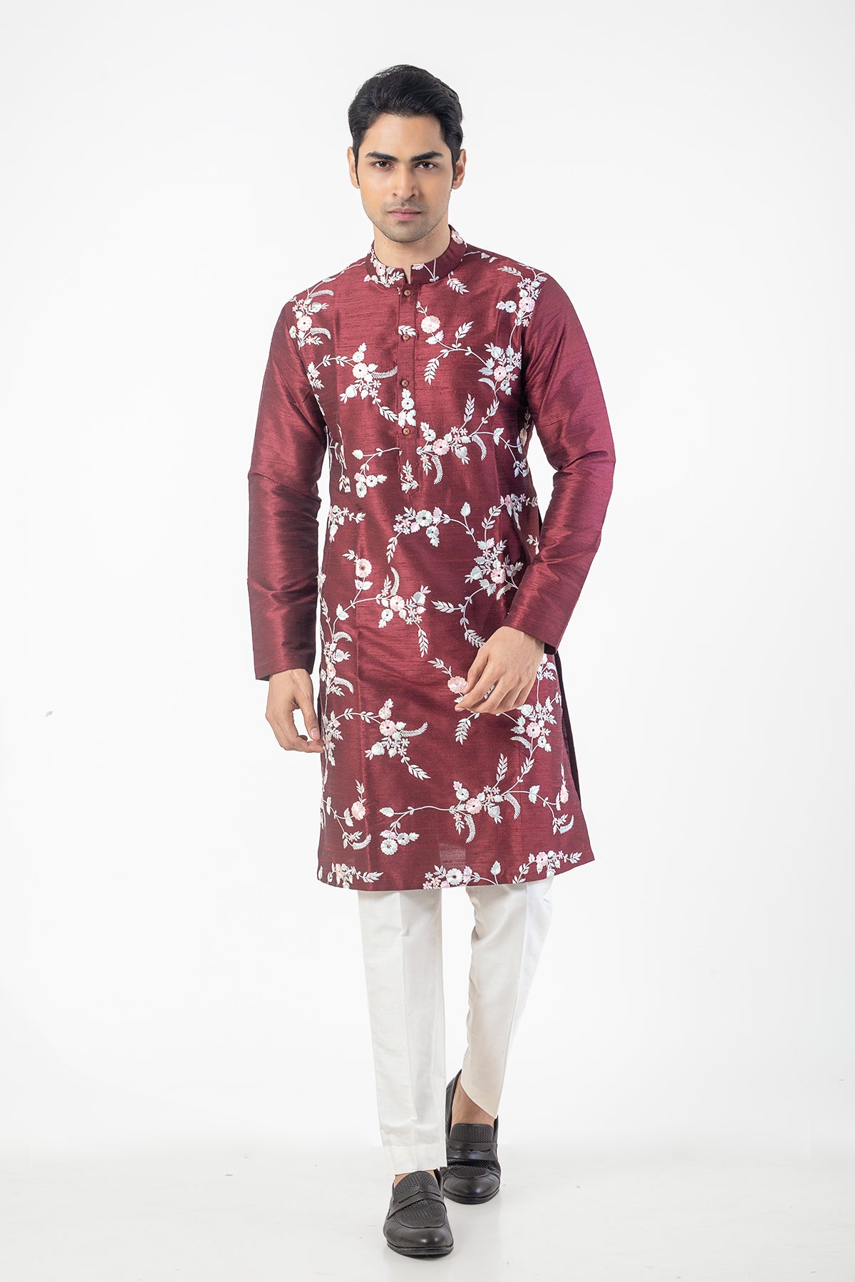 Maroon and Off-White Designer Kurta Pyjama Set with Resham Embroidery Work