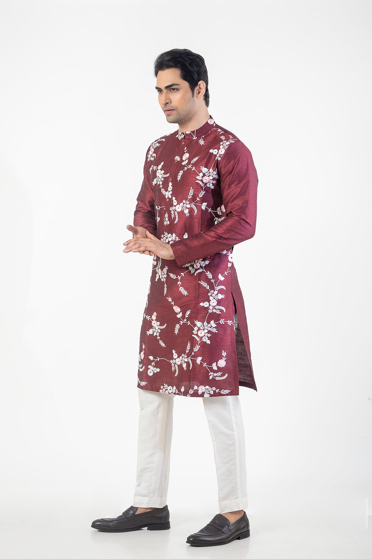 Maroon and Off-White Designer Kurta Pyjama Set with Resham Embroidery Work