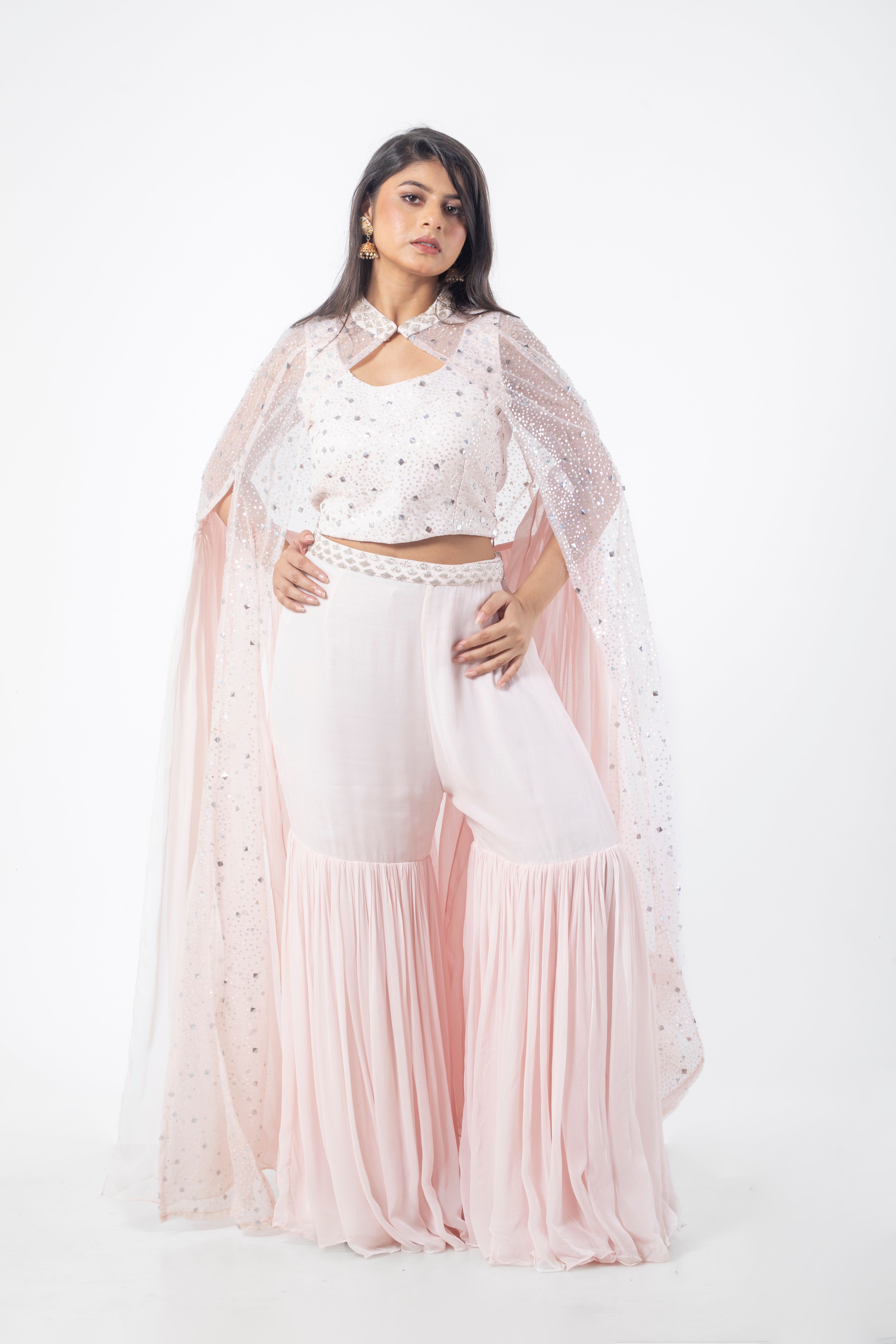 Powder Pink Viscose Cape Sharara Suit Set with Hand Work