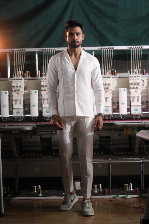 White Silk Katan Men’s Co-ord Set with Thread Embroidery