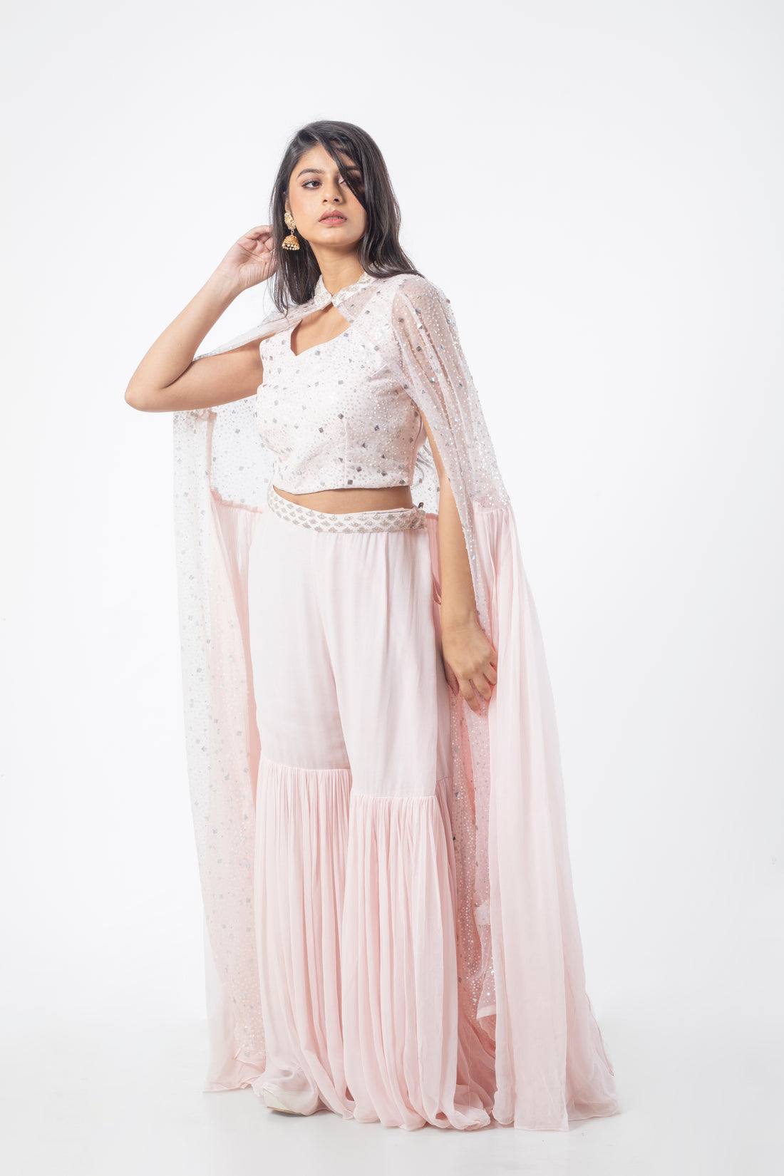 Powder Pink Viscose Cape Sharara Suit Set with Hand Work