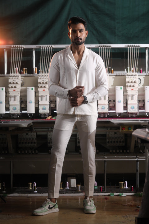 White Silk Katan Men’s Co-ord Set with Thread Embroidery