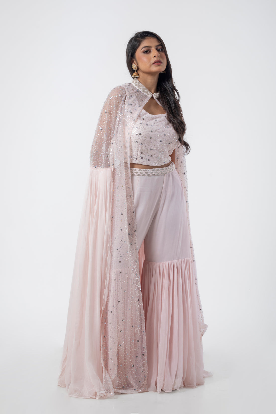 Powder Pink Viscose Cape Sharara Suit Set with Hand Work