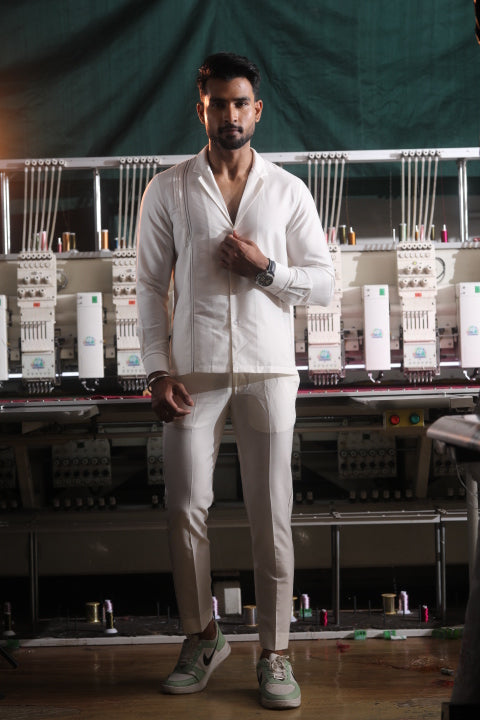 White Silk Katan Men’s Co-ord Set with Thread Embroidery