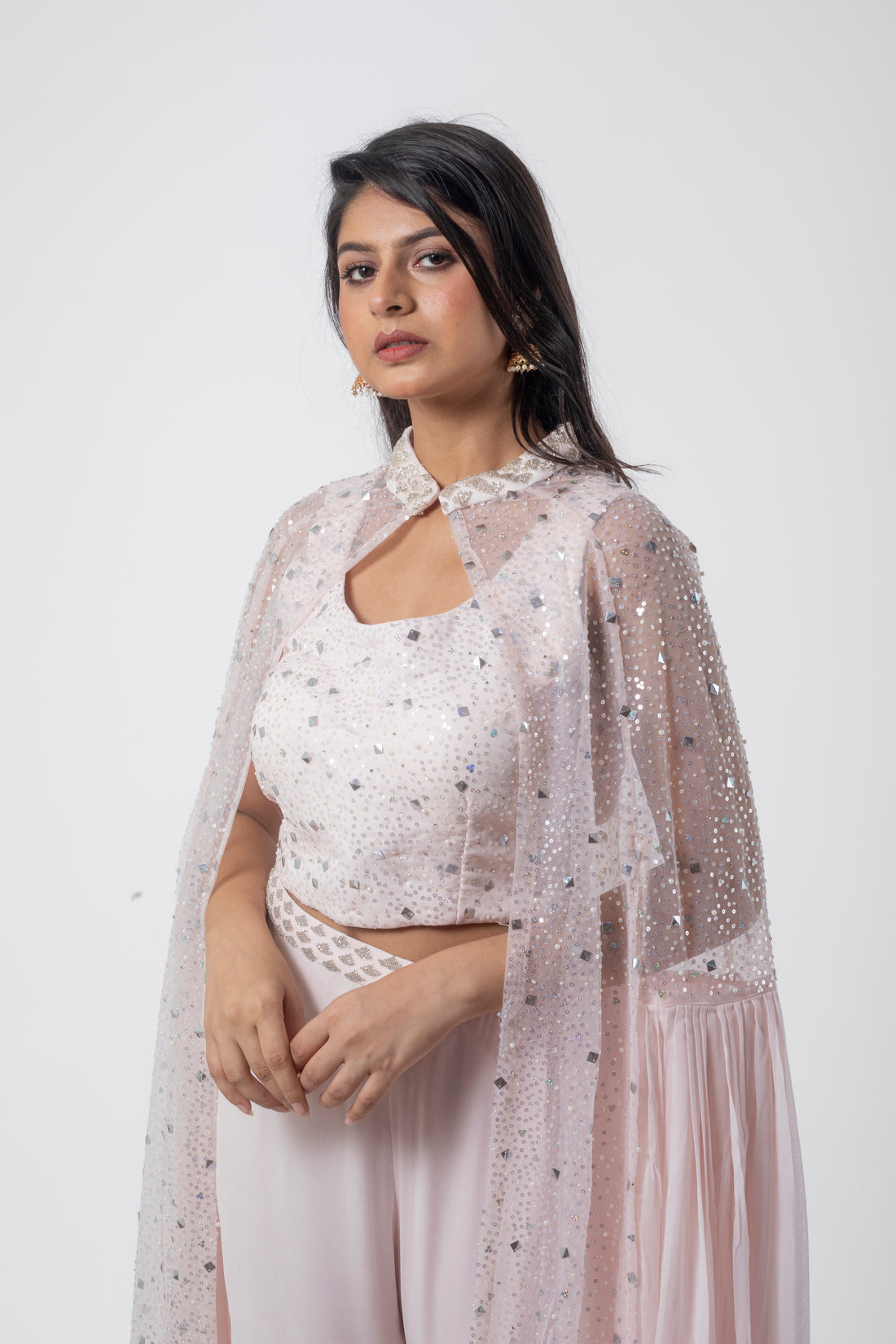 Powder Pink Viscose Cape Sharara Suit Set with Hand Work