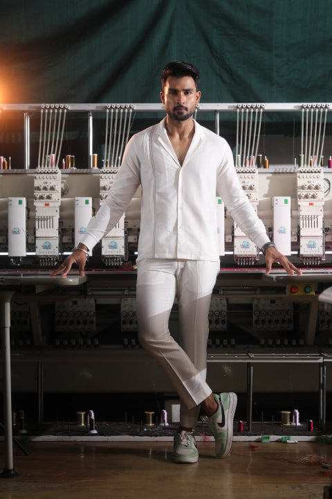 White Silk Katan Men’s Co-ord Set with Thread Embroidery
