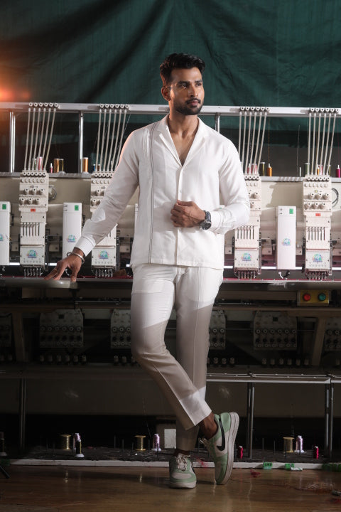 White Silk Katan Men’s Co-ord Set with Thread Embroidery