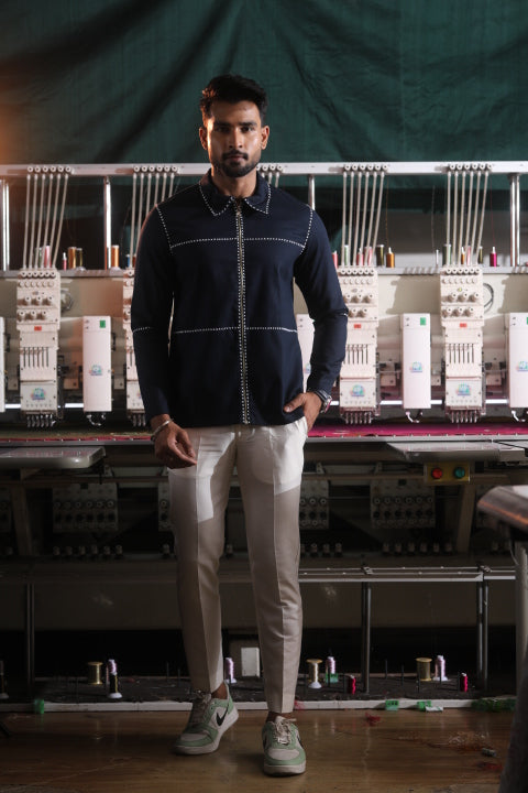 Blue & White Denim Men’s Co-ord Set with Thread Detailing