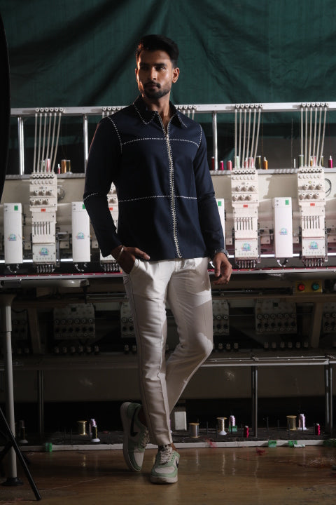 Blue & White Denim Men’s Co-ord Set with Thread Detailing