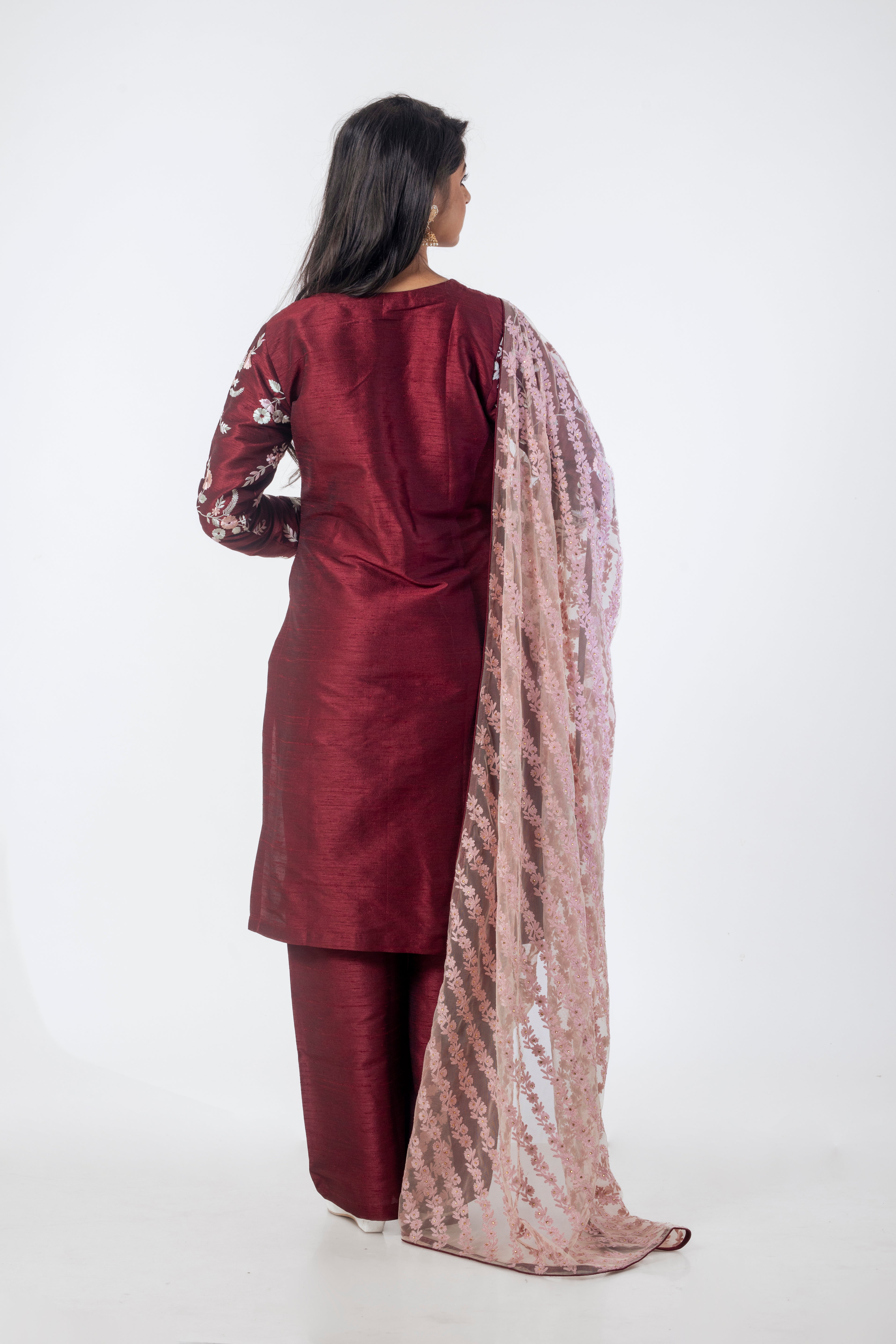 Maroon Designer Kurta Set with Resham Embroidery and Pink Net Dupatta
