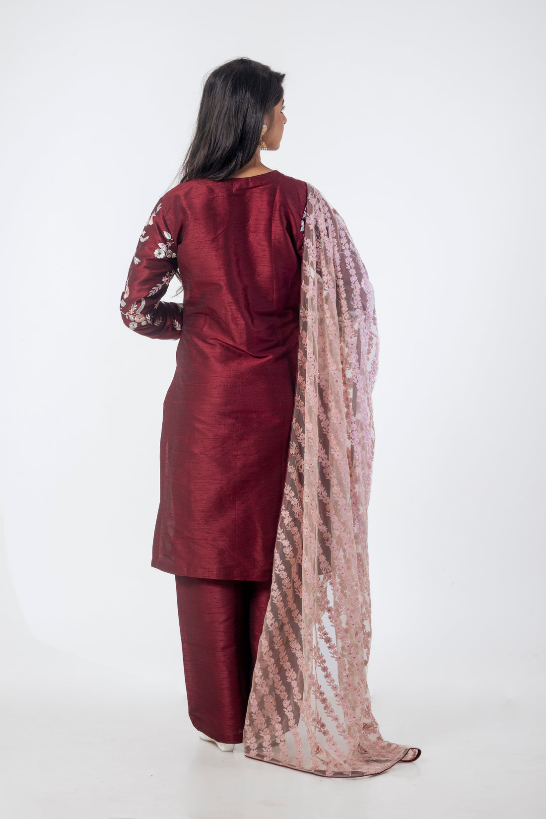 Maroon Designer Kurta Set with Resham Embroidery and Pink Net Dupatta