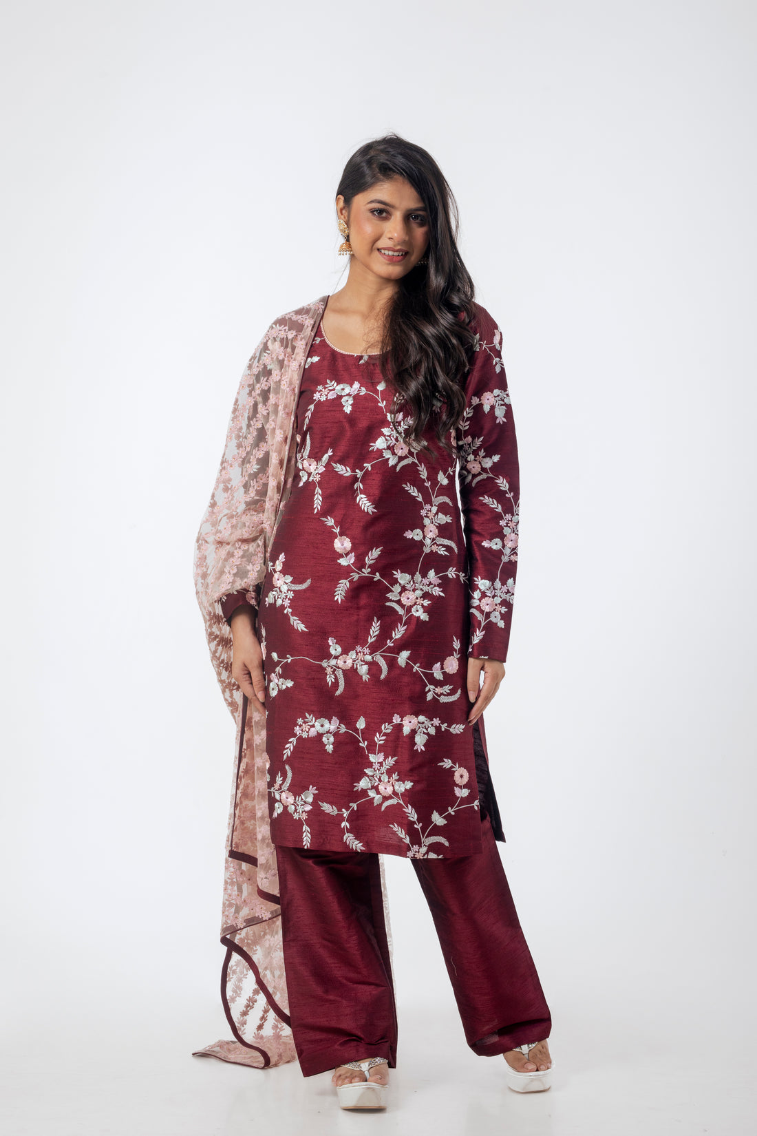 Maroon Designer Kurta Set with Resham Embroidery and Pink Net Dupatta