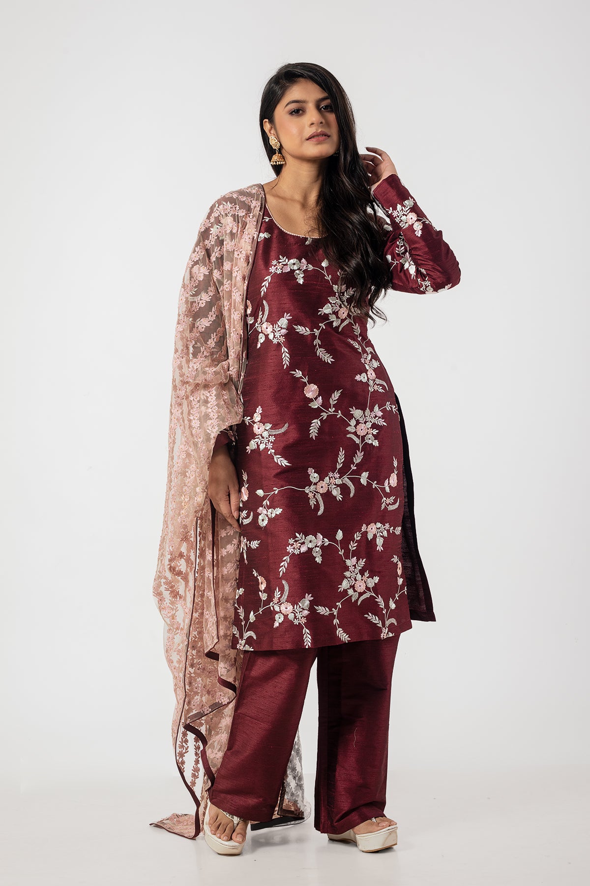 Maroon Designer Kurta Set with Resham Embroidery and Pink Net Dupatta