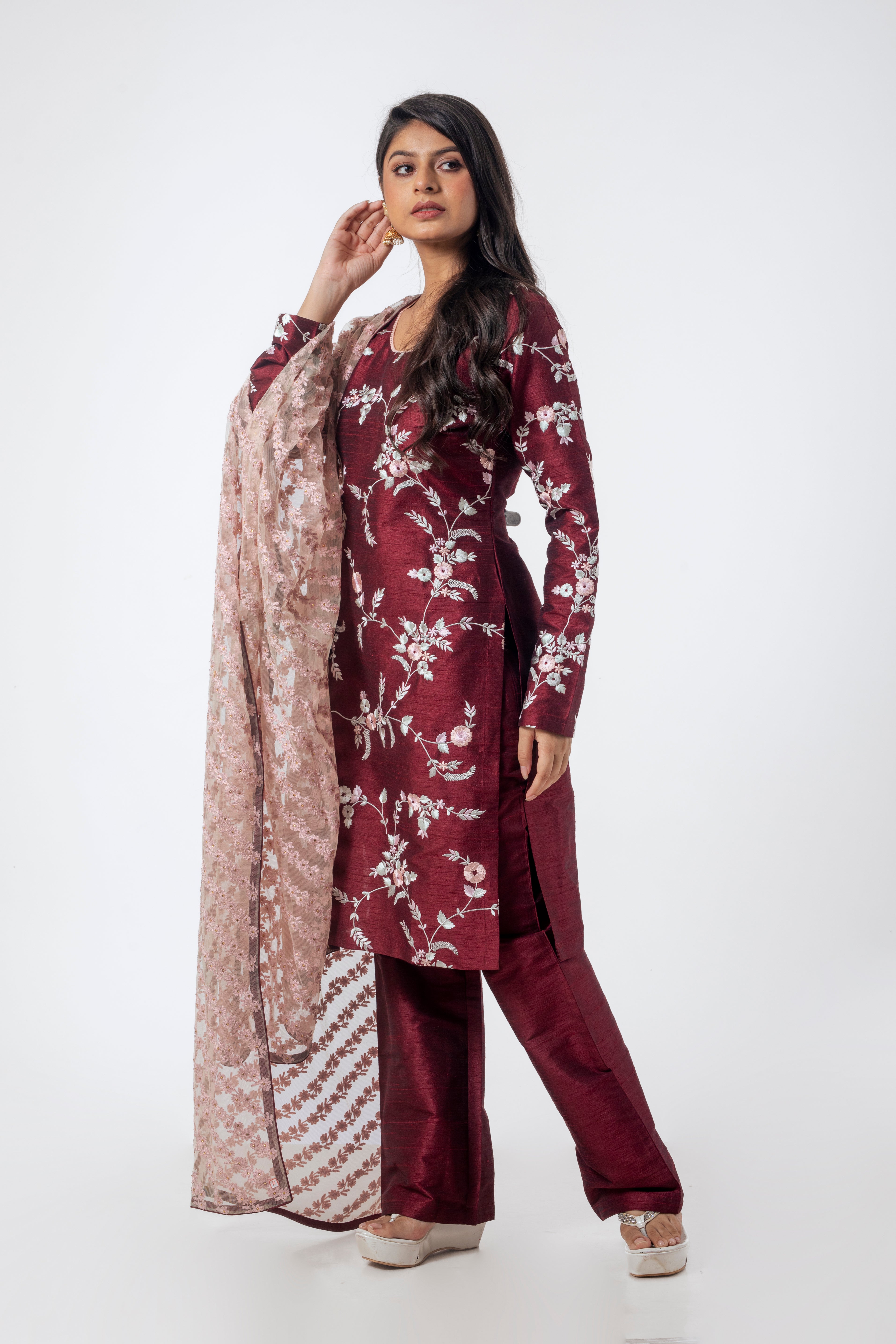 Maroon Designer Kurta Set with Resham Embroidery and Pink Net Dupatta