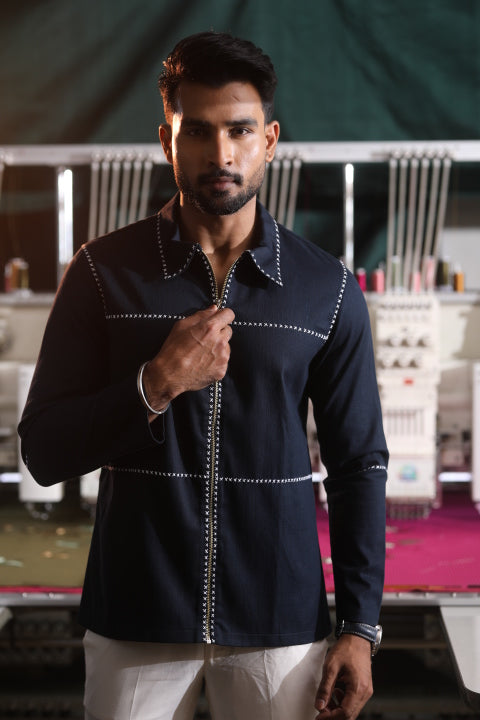 Blue & White Denim Men’s Co-ord Set with Thread Detailing