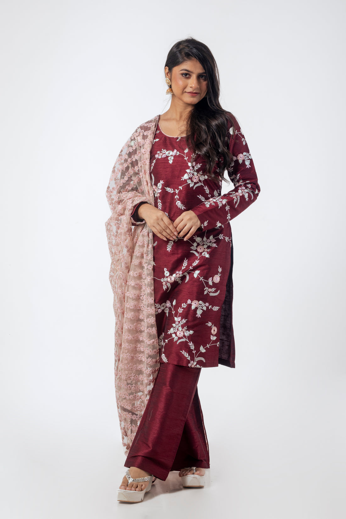 Maroon Designer Kurta Set with Resham Embroidery and Pink Net Dupatta