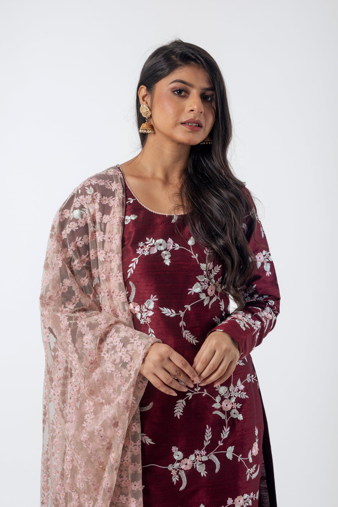 Maroon Designer Kurta Set with Resham Embroidery and Pink Net Dupatta