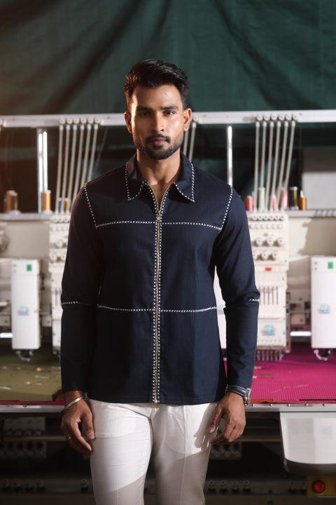 Blue & White Denim Men’s Co-ord Set with Thread Detailing