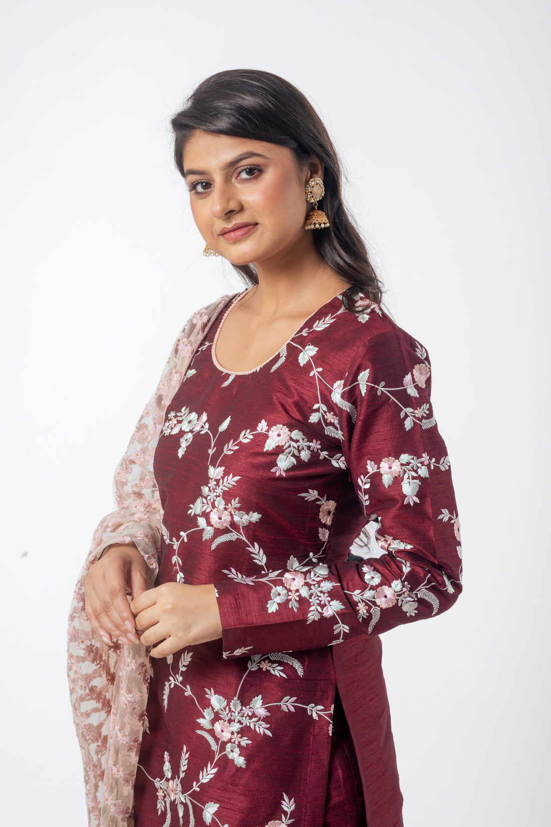 Maroon Designer Kurta Set with Resham Embroidery and Pink Net Dupatta