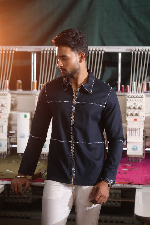 Blue & White Denim Men’s Co-ord Set with Thread Detailing