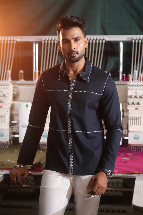 Blue & White Denim Men’s Co-ord Set with Thread Detailing