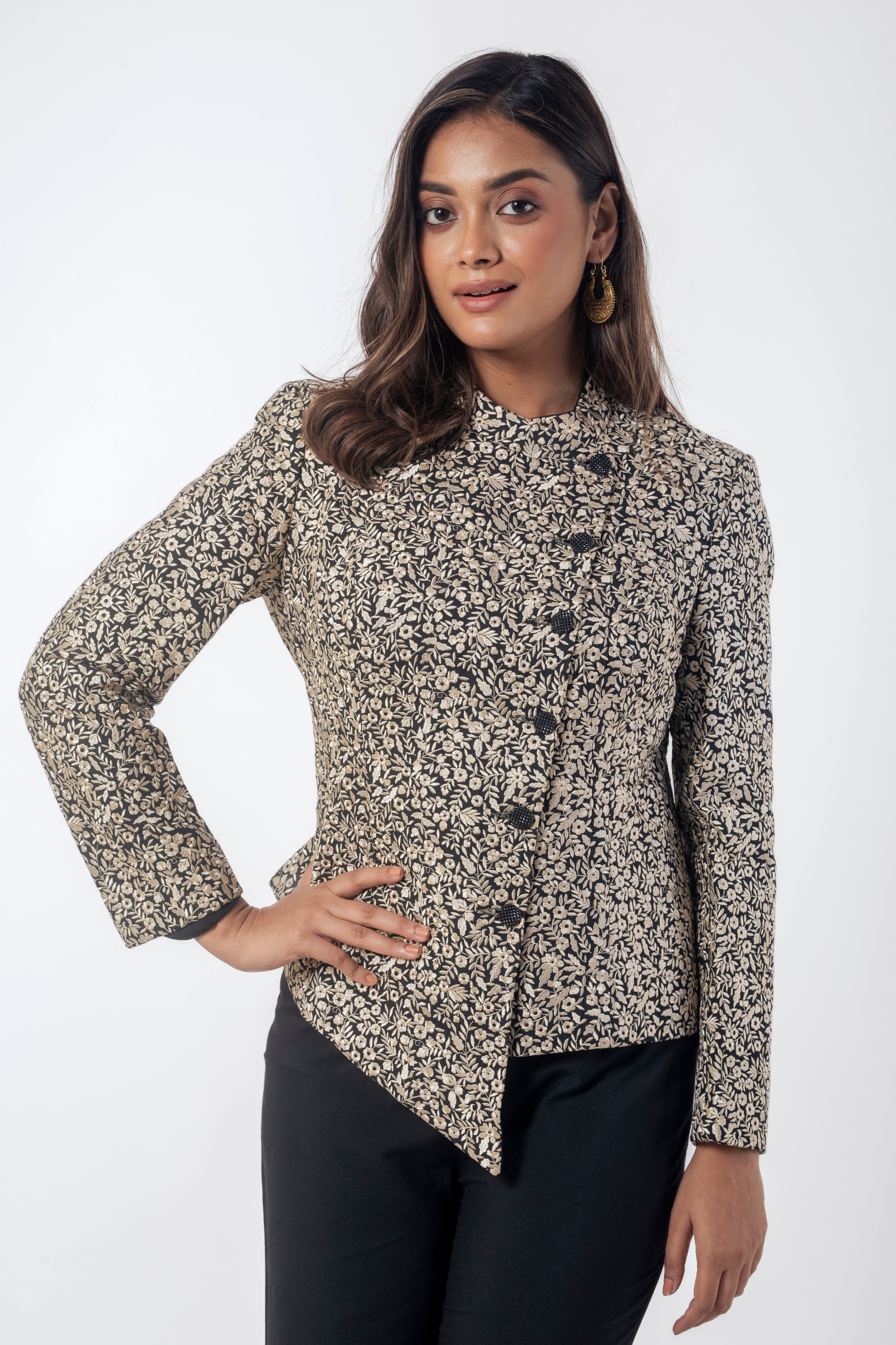 Black Katan Silk Two Piece Co-Ord Set with Parsi Resham Embroidery