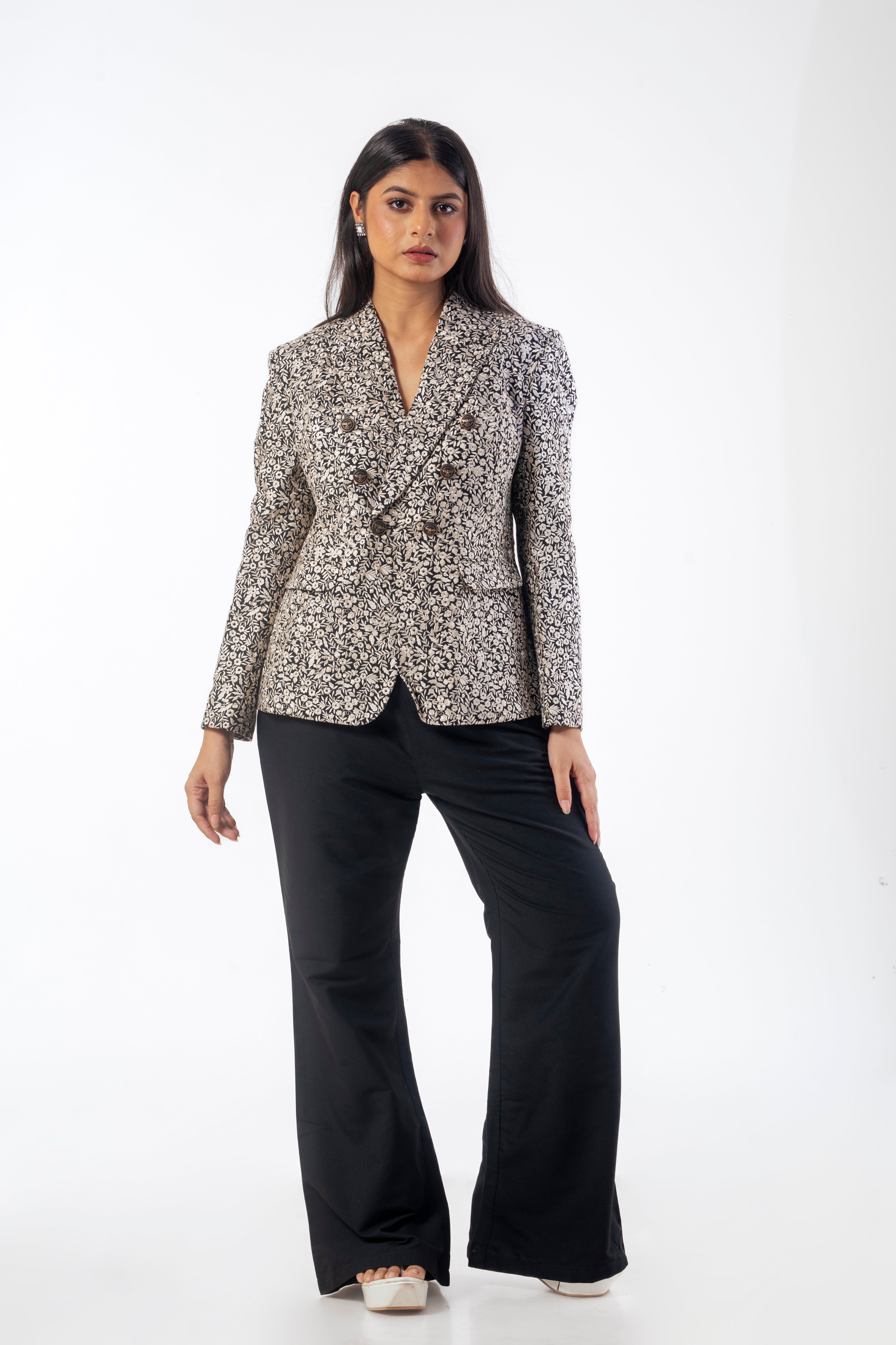 Black Pure Katan Silk Blazer Co-ord Set with Parsi Resham Embroidery