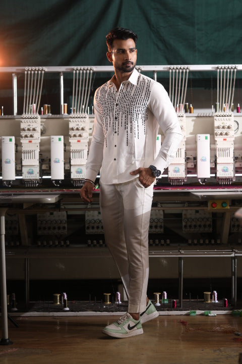 White Silk Katan Men’s Co-ord Set with Fine Machine Thread Detailing