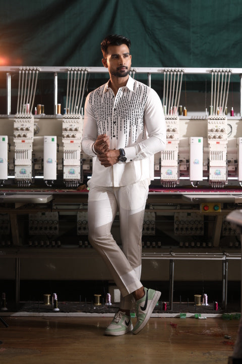 White Silk Katan Men’s Co-ord Set with Fine Machine Thread Detailing