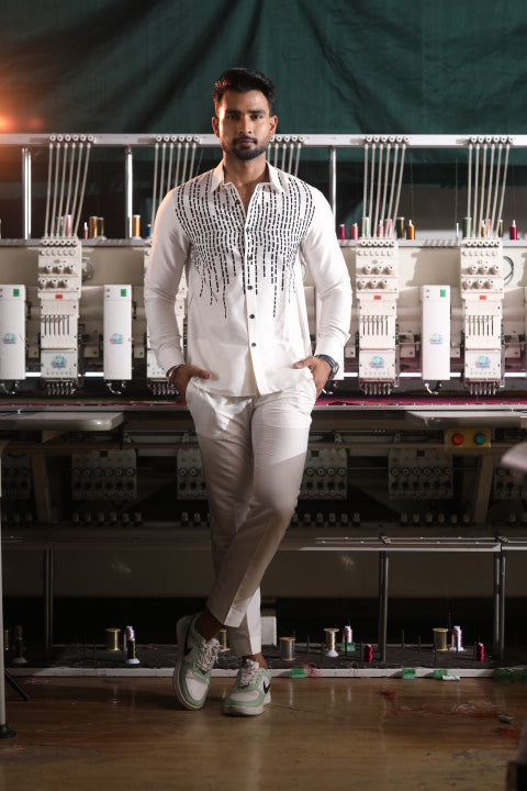 White Silk Katan Men’s Co-ord Set with Fine Machine Thread Detailing