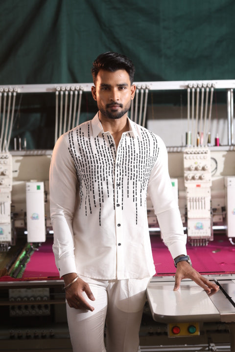 White Silk Katan Men’s Co-ord Set with Fine Machine Thread Detailing
