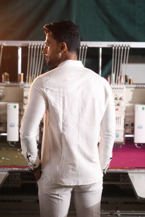 White Silk Katan Men’s Co-ord Set with Fine Machine Thread Detailing