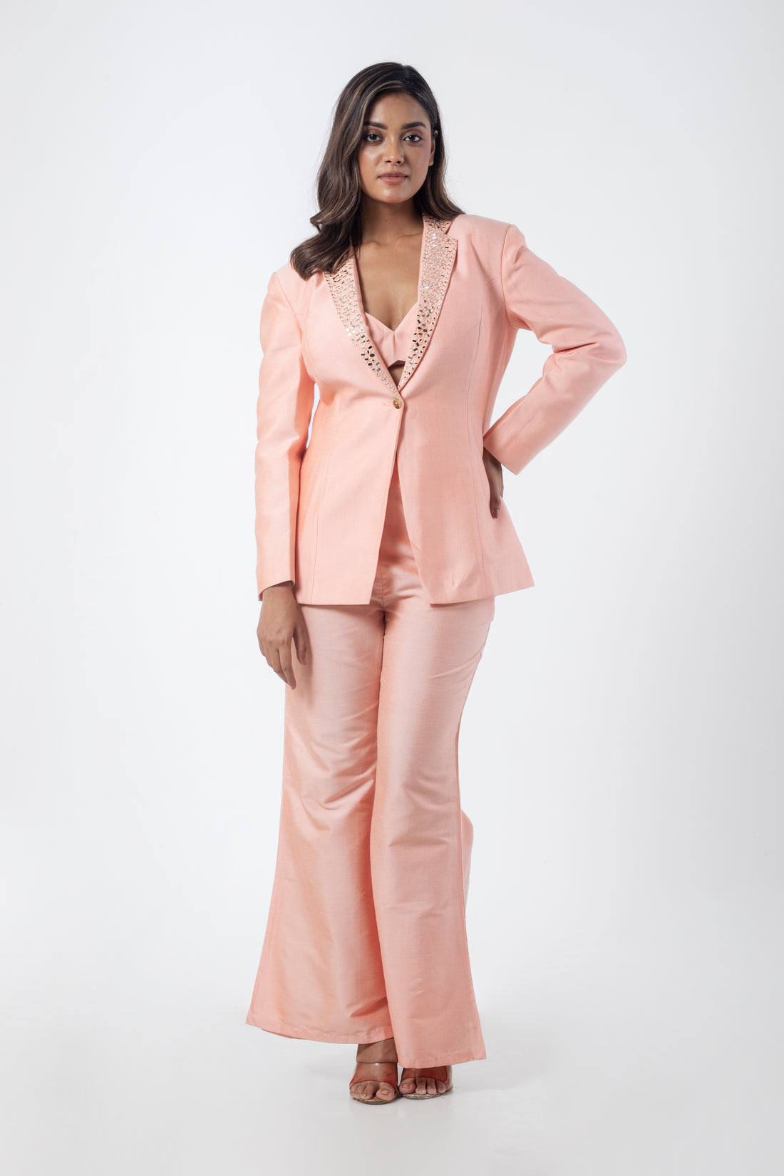 Peach Katan Silk Formal Co-ord Set with Mirror Work