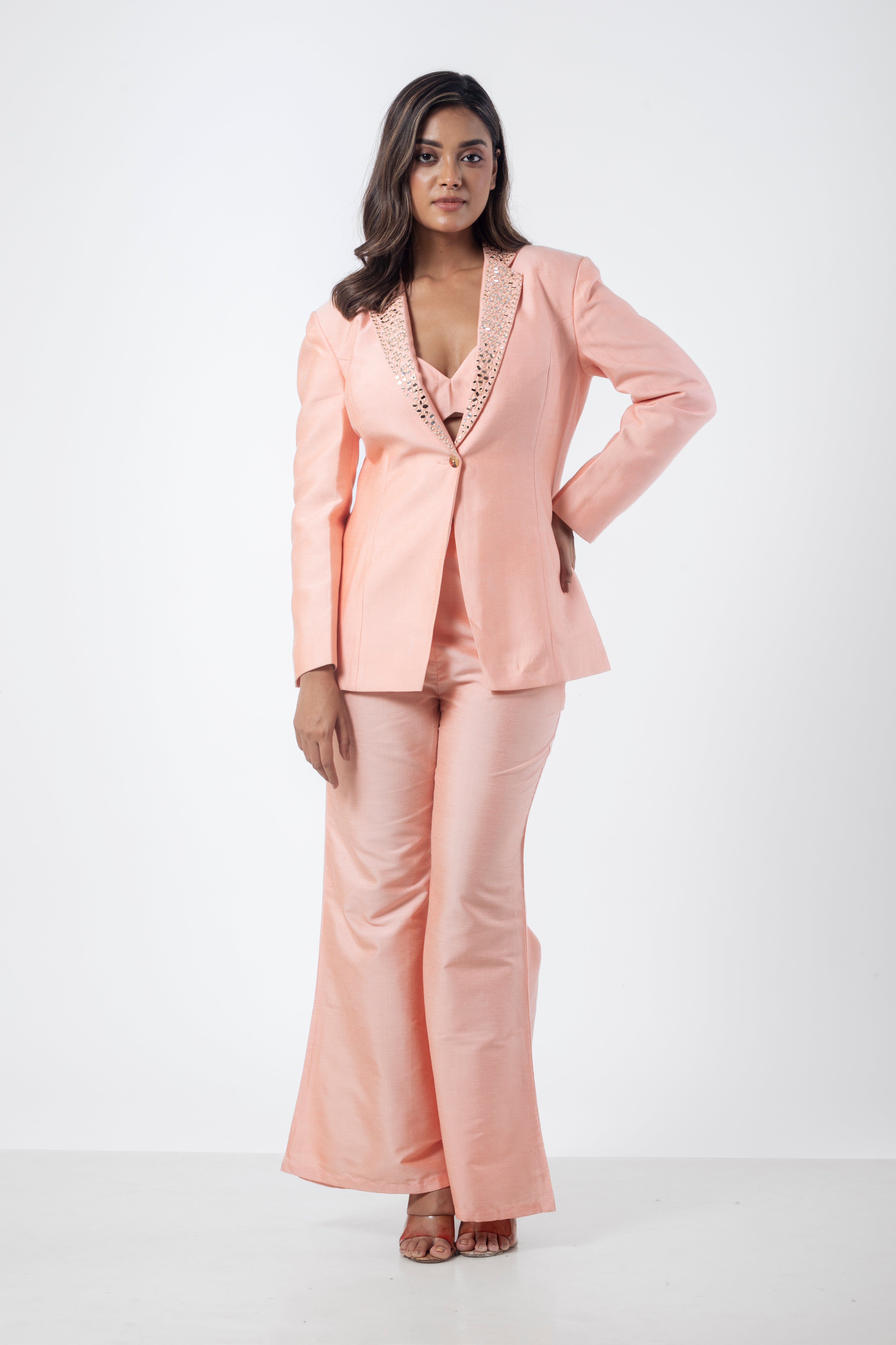 Peach Katan Silk Formal Co-ord Set with Mirror Work