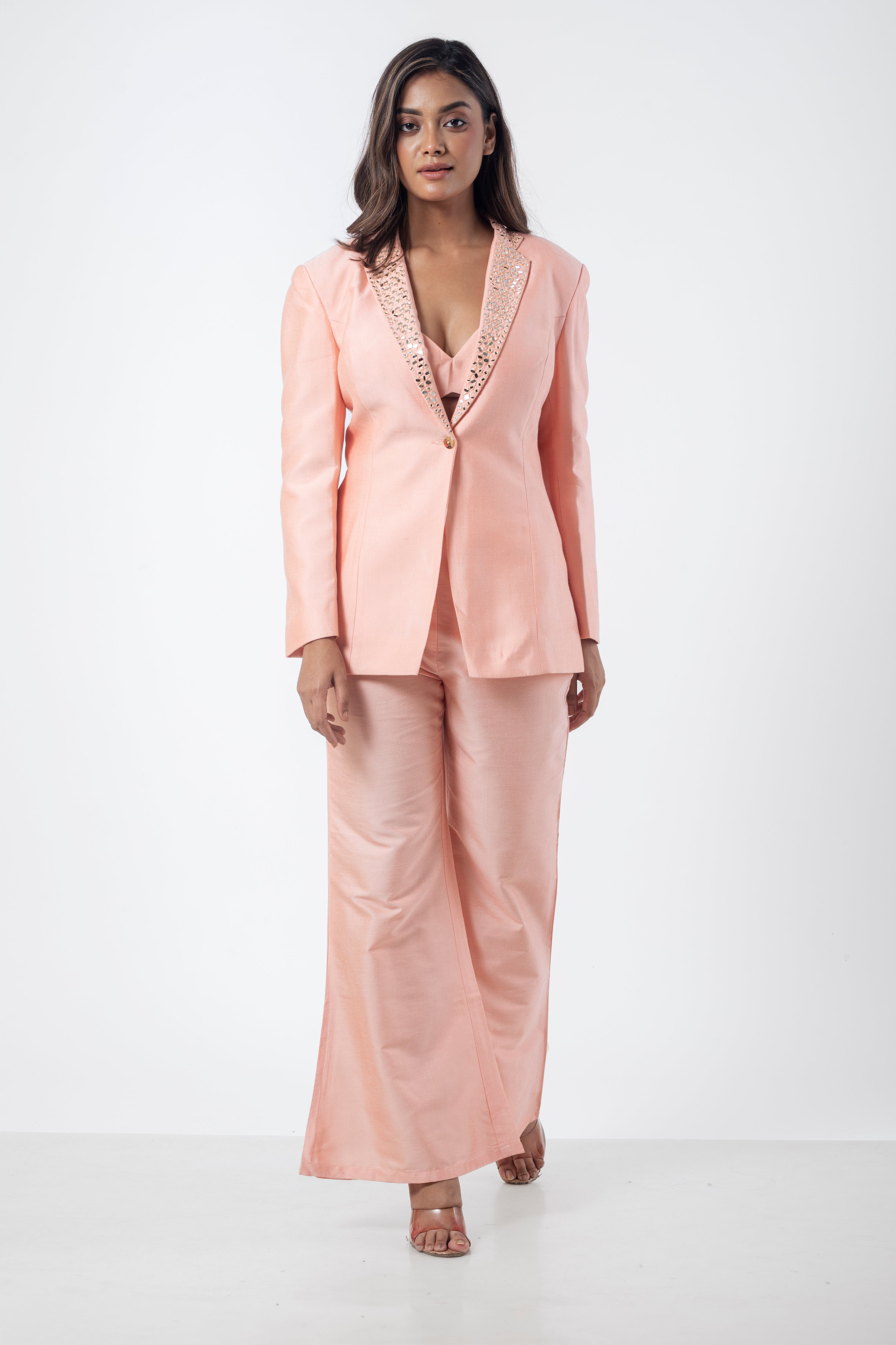 Peach Katan Silk Formal Co-ord Set with Mirror Work